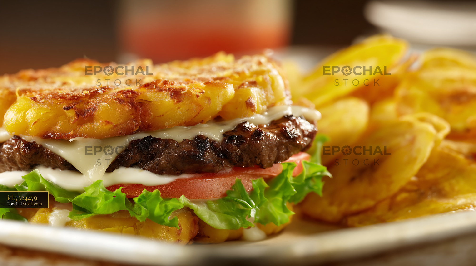 Jibarito Burger with Crispy Fried Steak and Melted Cheese, Golden Fries - stock photo