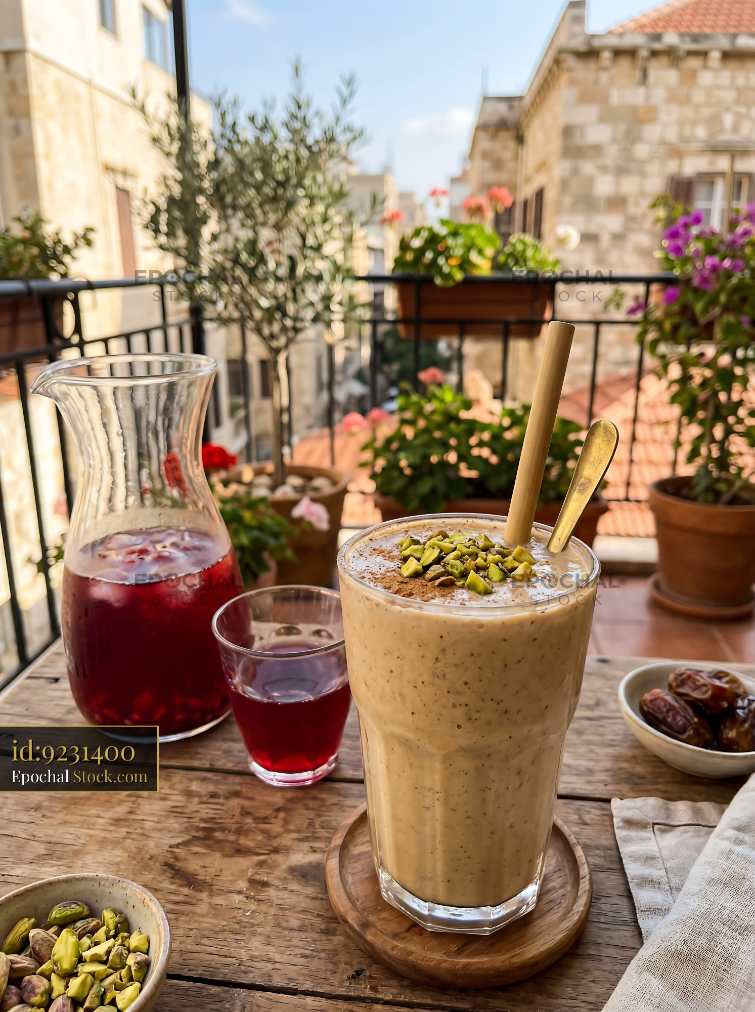 Tahini Date Shake on Mediterranean Terrace - stock photo