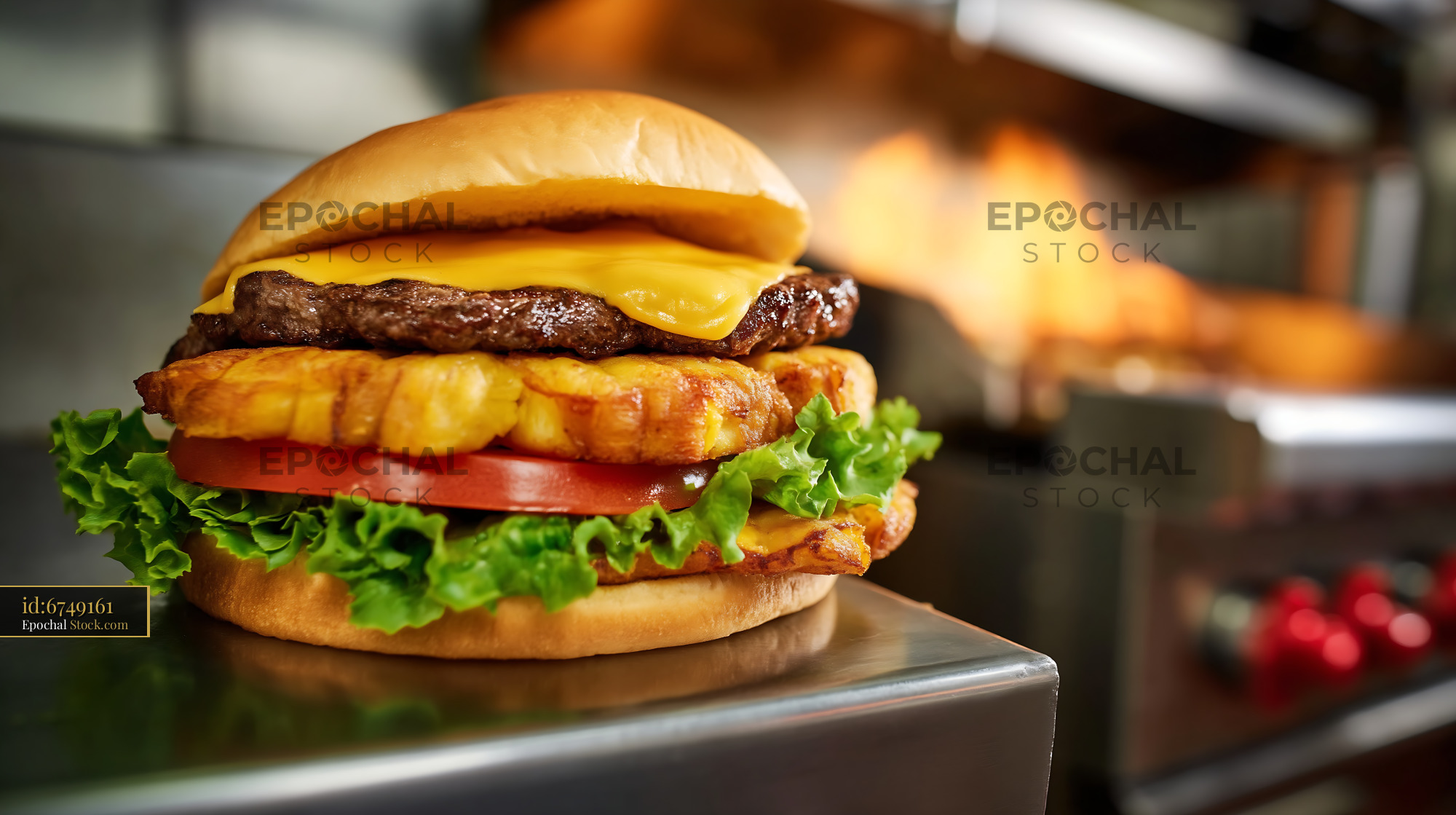 Authentic Jibarito Burger with Crispy Plantain Slices and Melted Cheese - stock photo