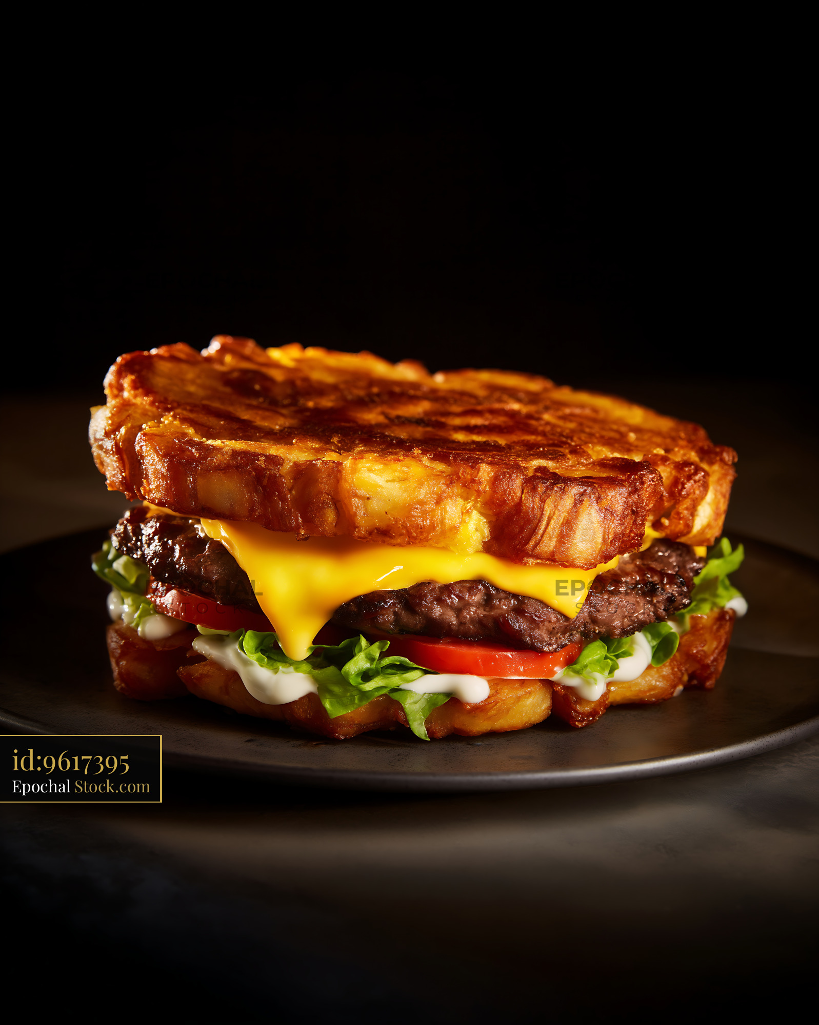 Jibarito Burger on Black Plate: Gourmet Puerto Rican Fried Plantain Sandwich - stock photo