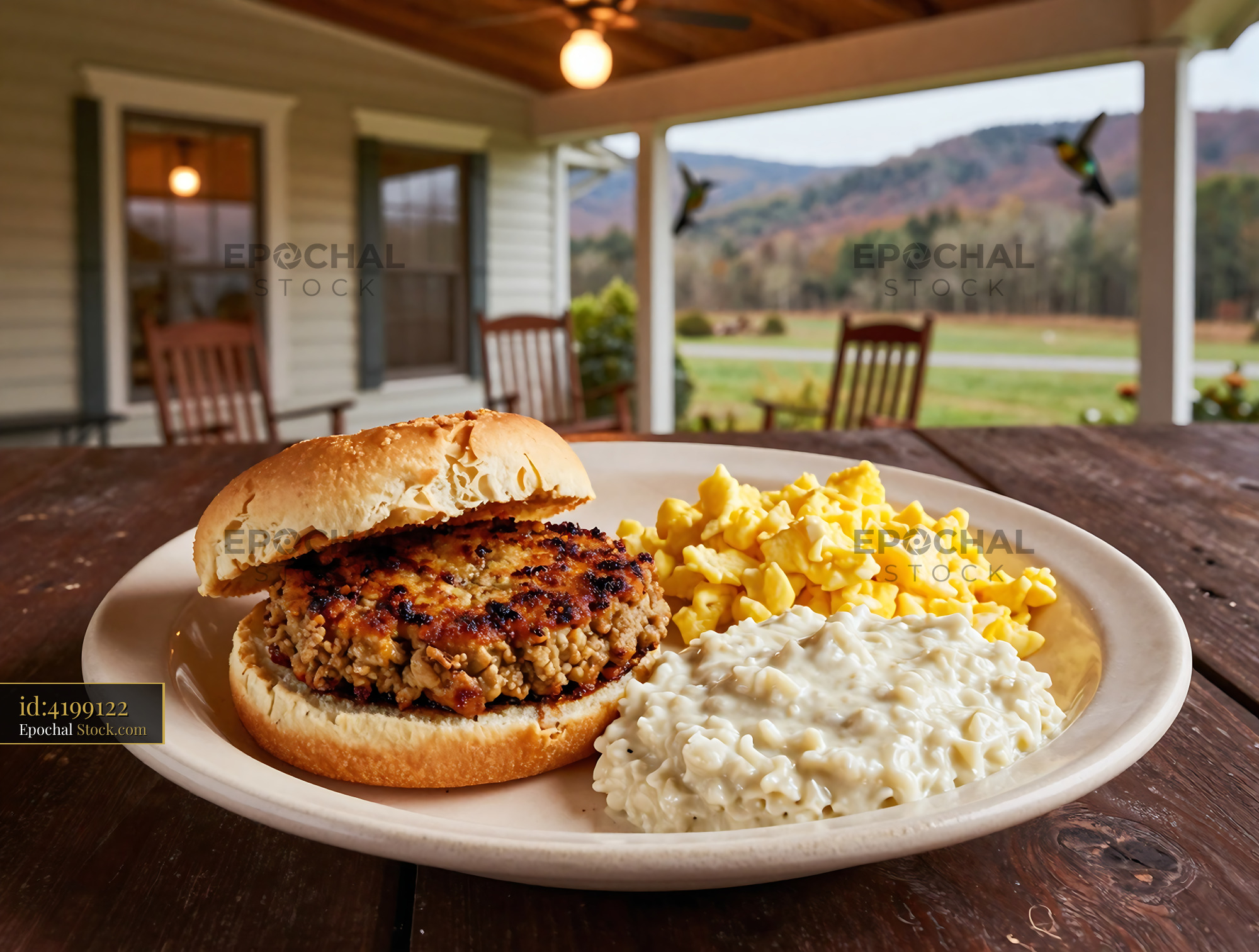 Livermush Sandwich Plated on Mountain View Porch - stock photo