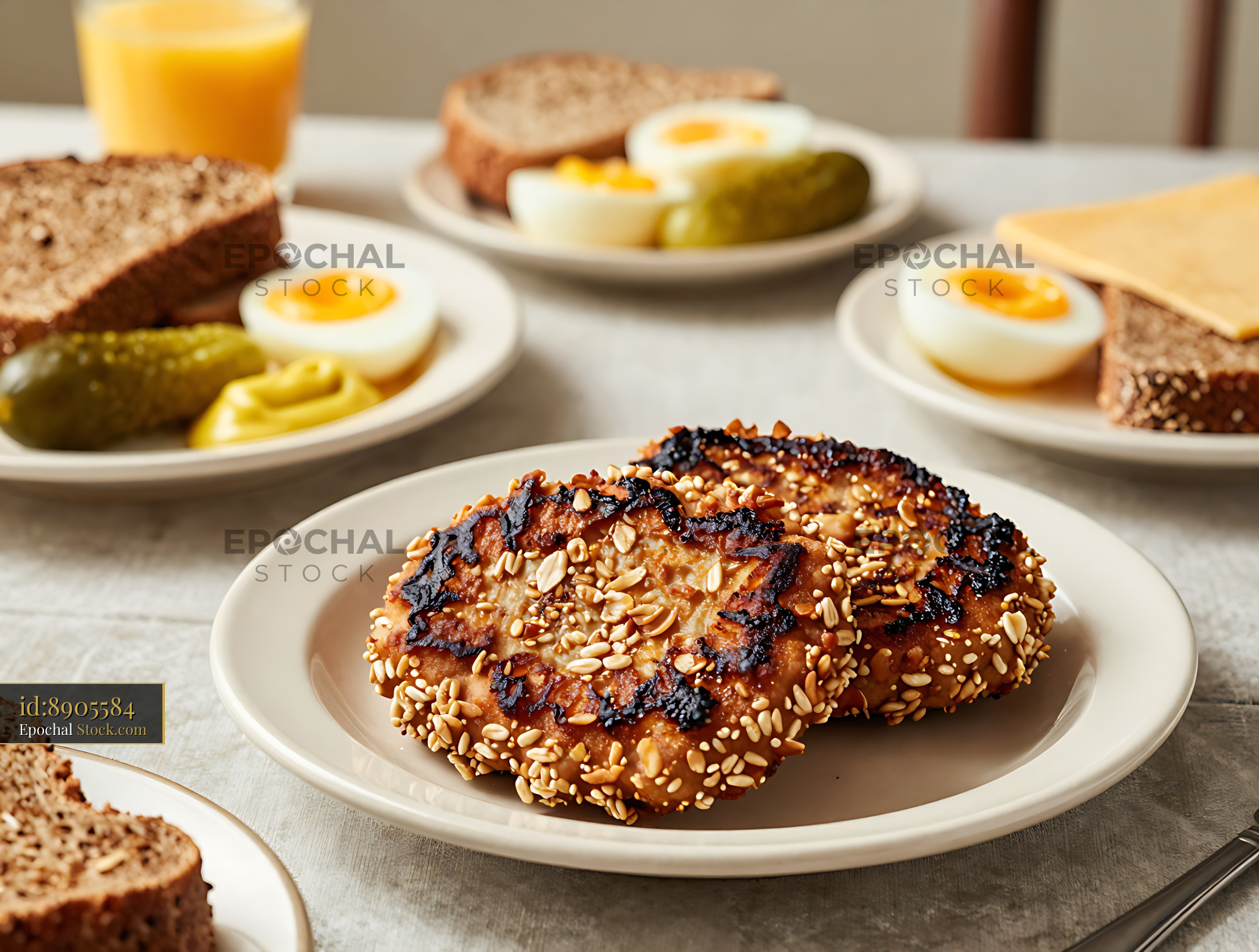 Goetta Breakfast with Eggs, Bread, and Pickles - stock photo