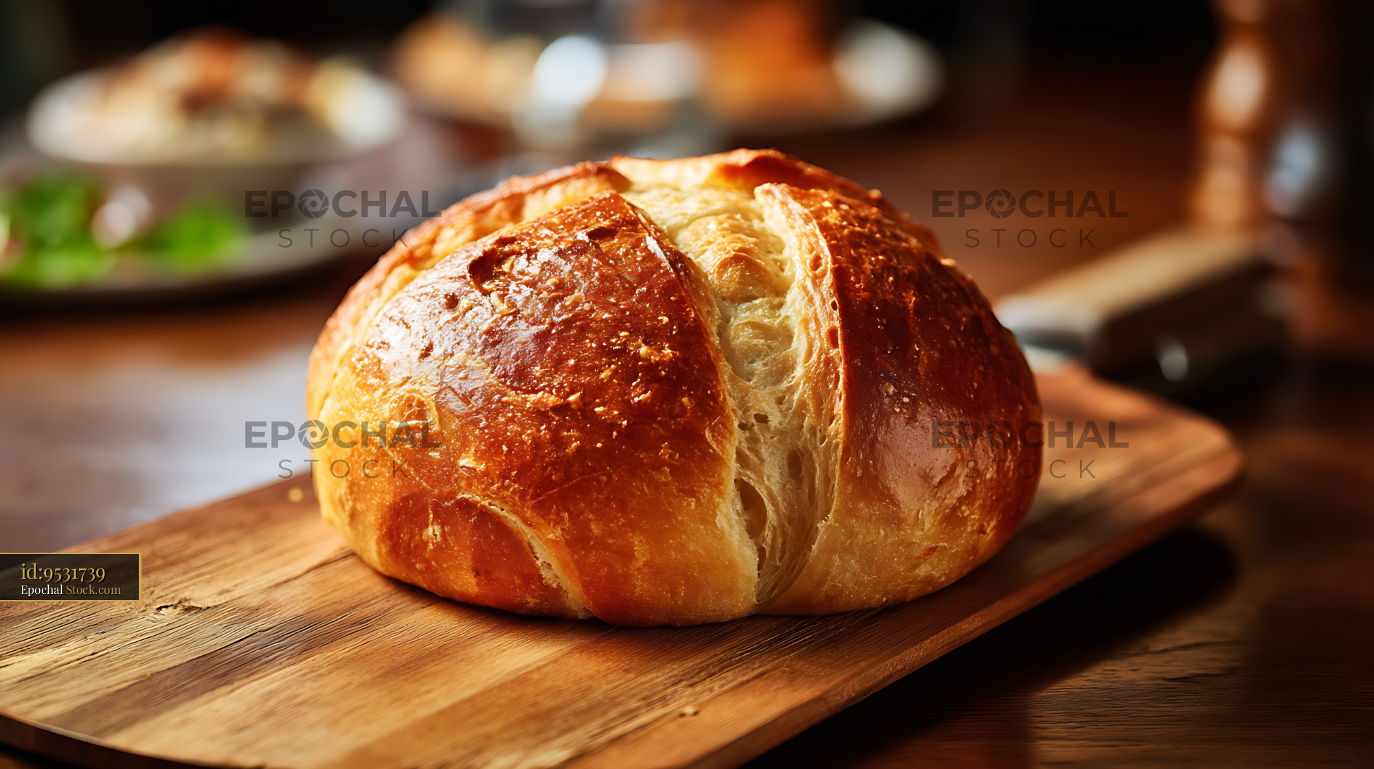 Artisanal Crusty Bread Loaf with Golden-Brown Scoring on Wooden Board - stock photo