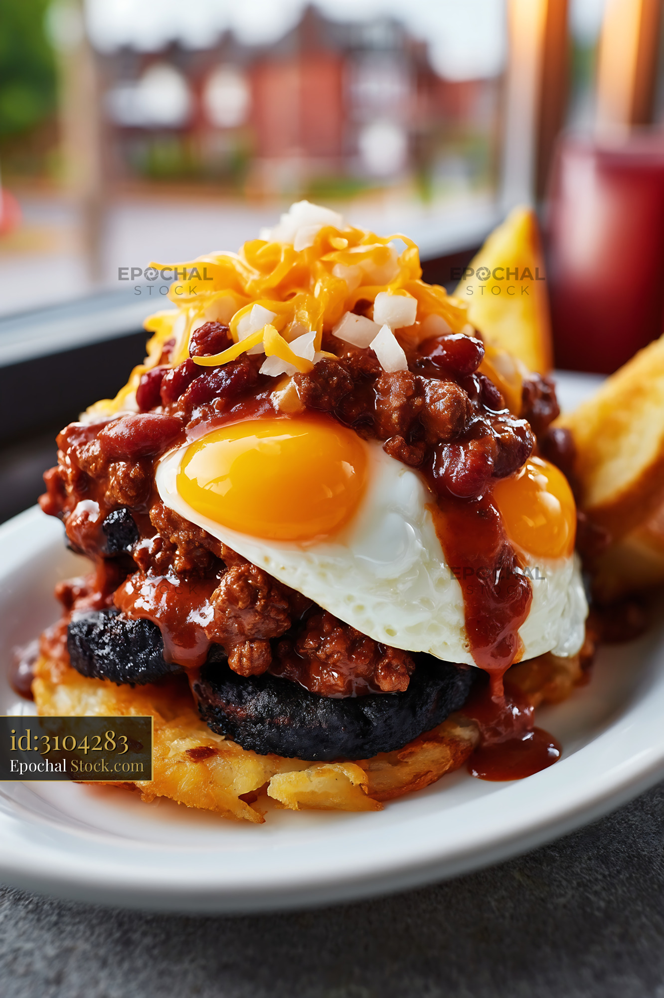 St. Louis Slinger with Fried Eggs & Fries - stock photo
