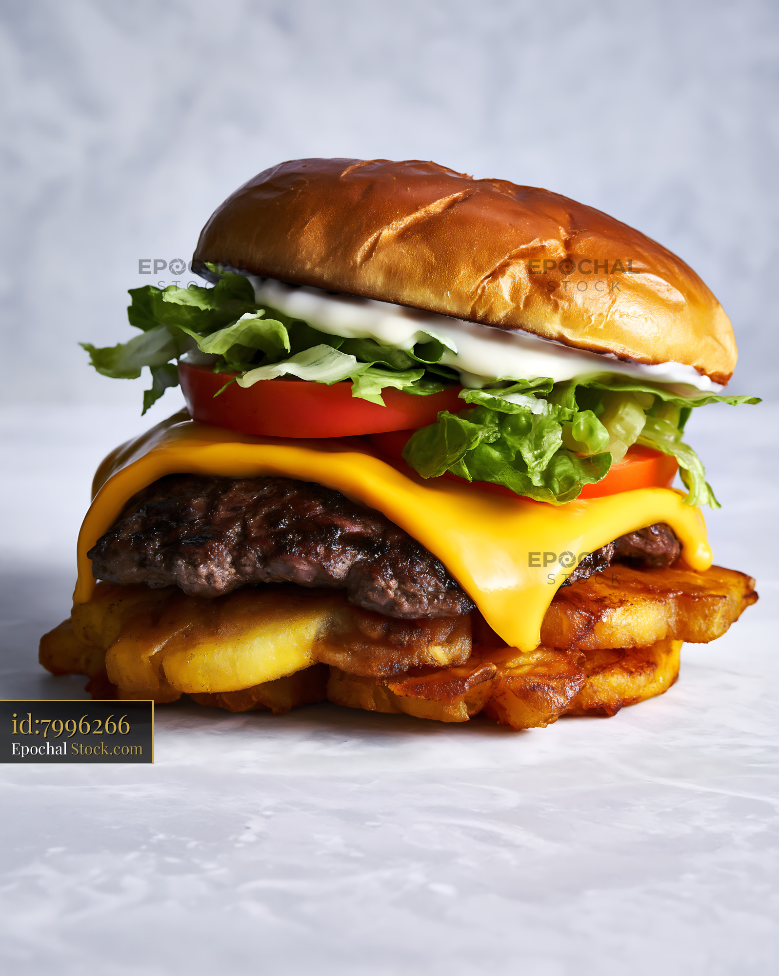 Jibarito Burger with Crispy Fries, Melted Cheese, and Fresh Lettuce - stock photo