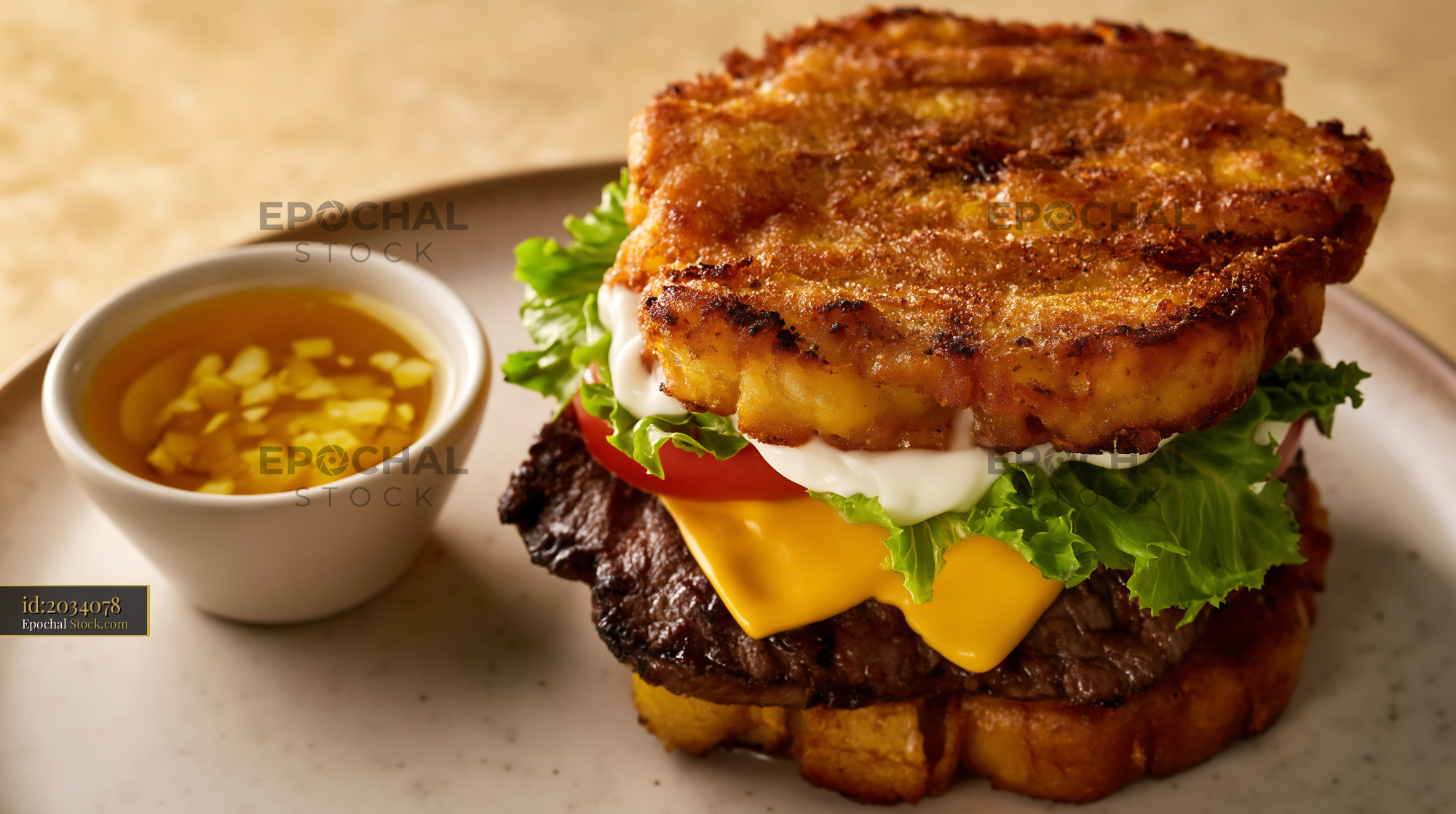 Jibarito Burger Golden Crispy Fried Plantain Buns with Garlic Sauce - stock photo