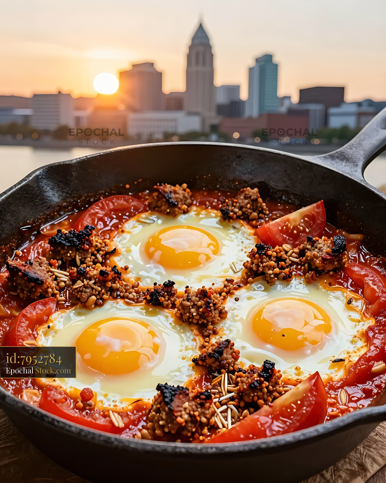 Goetta Breakfast Skillet with Eggs and Skyline - stock photo