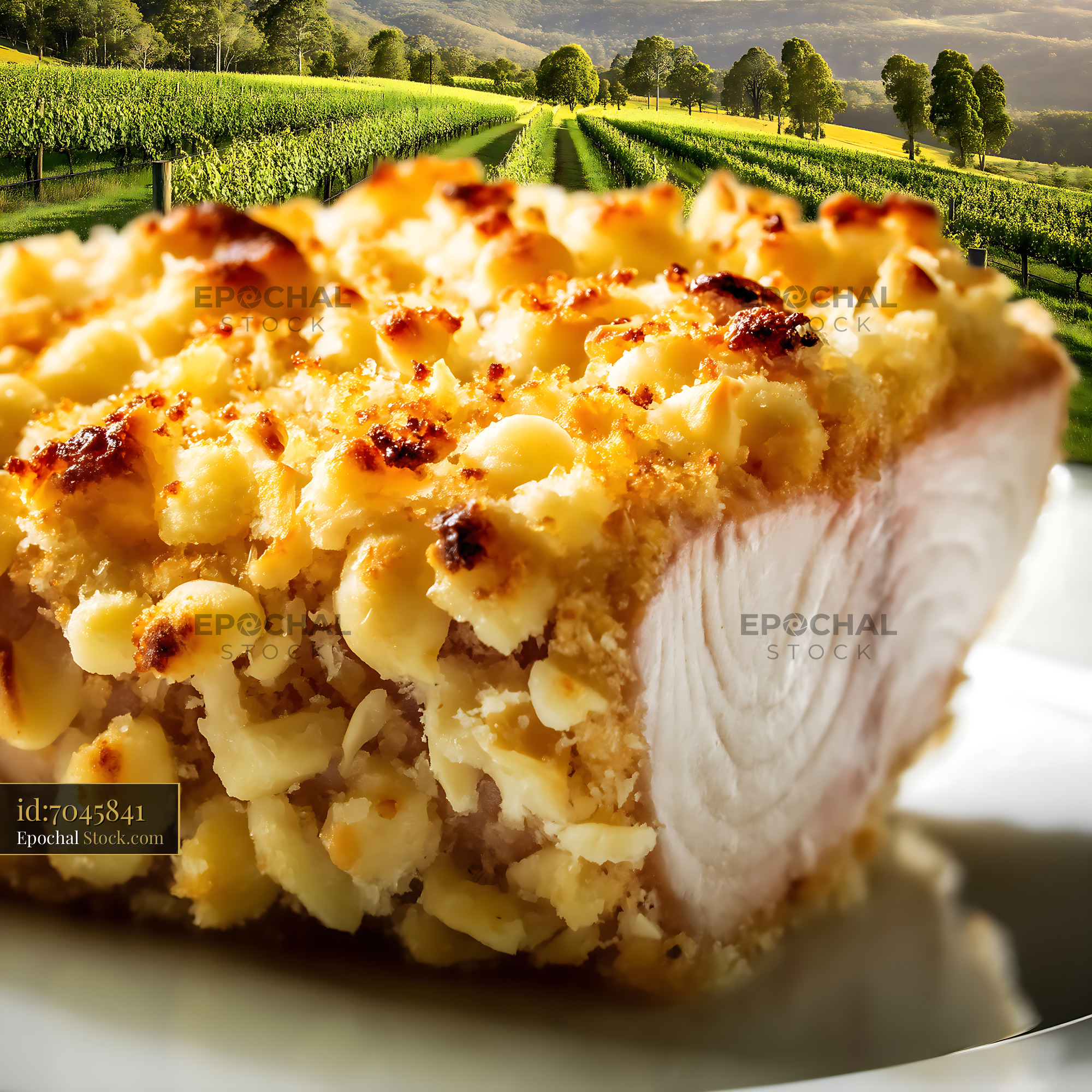 Macadamia Crusted Fish with Vineyard View - stock photo
