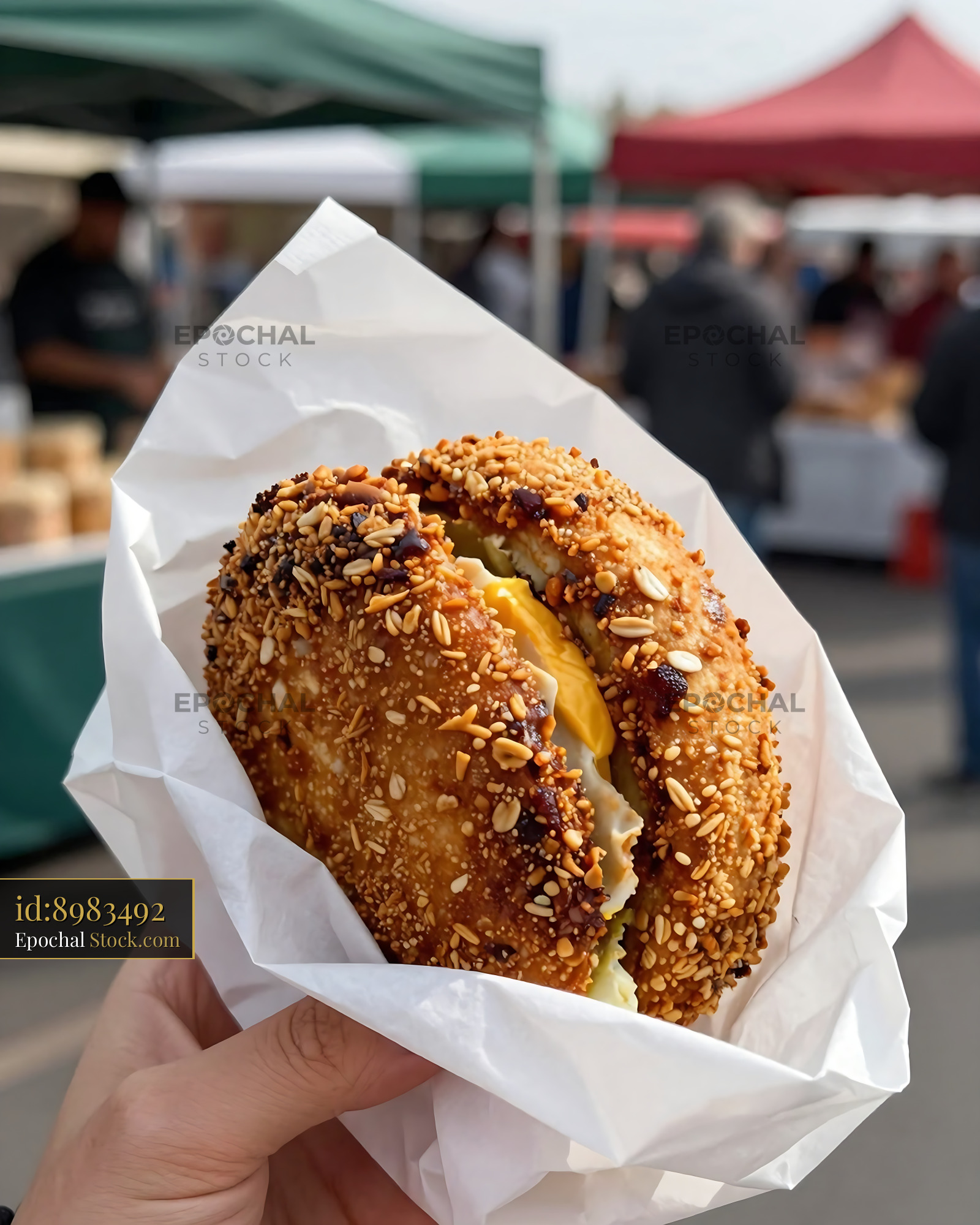 Golden Goetta Sandwich at Farmers Market - stock photo