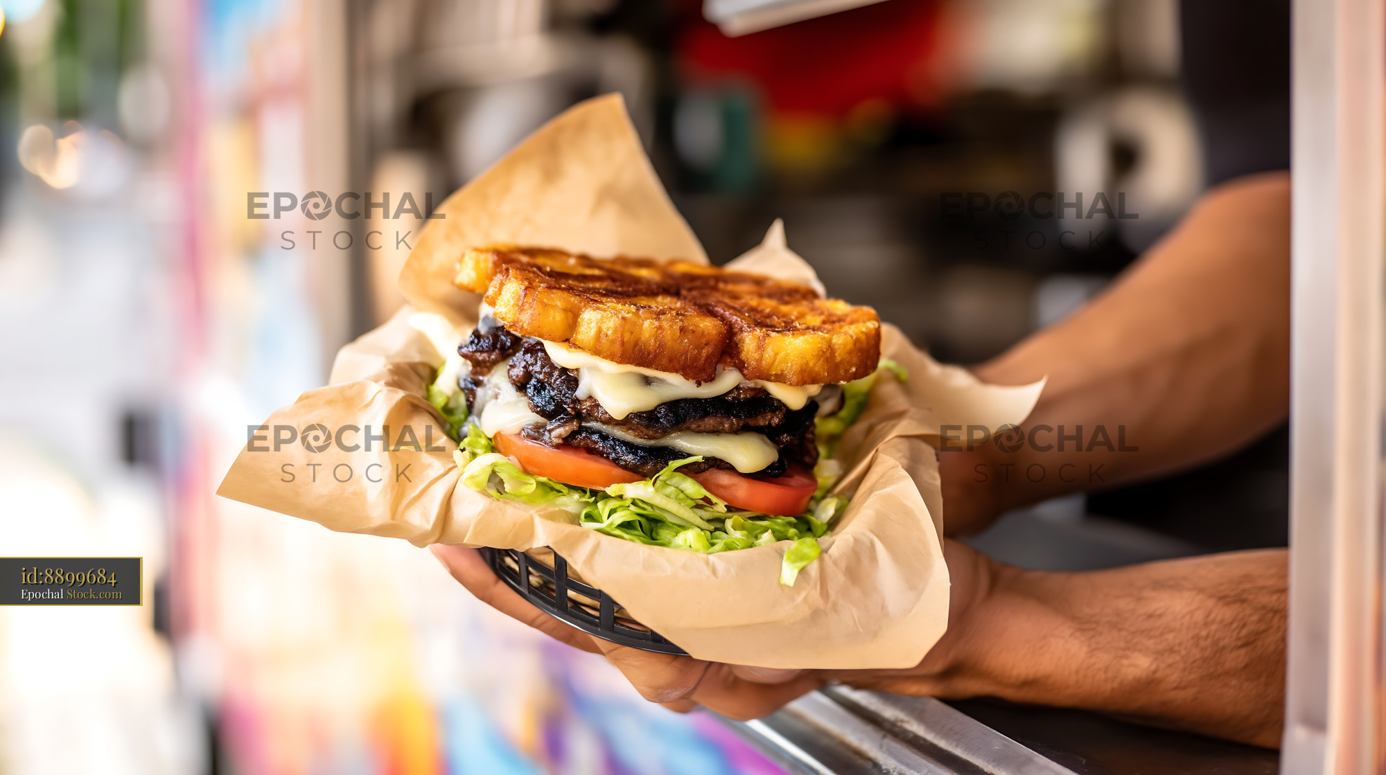 Golden Jibarito Burger Held at Street Vendor - stock photo