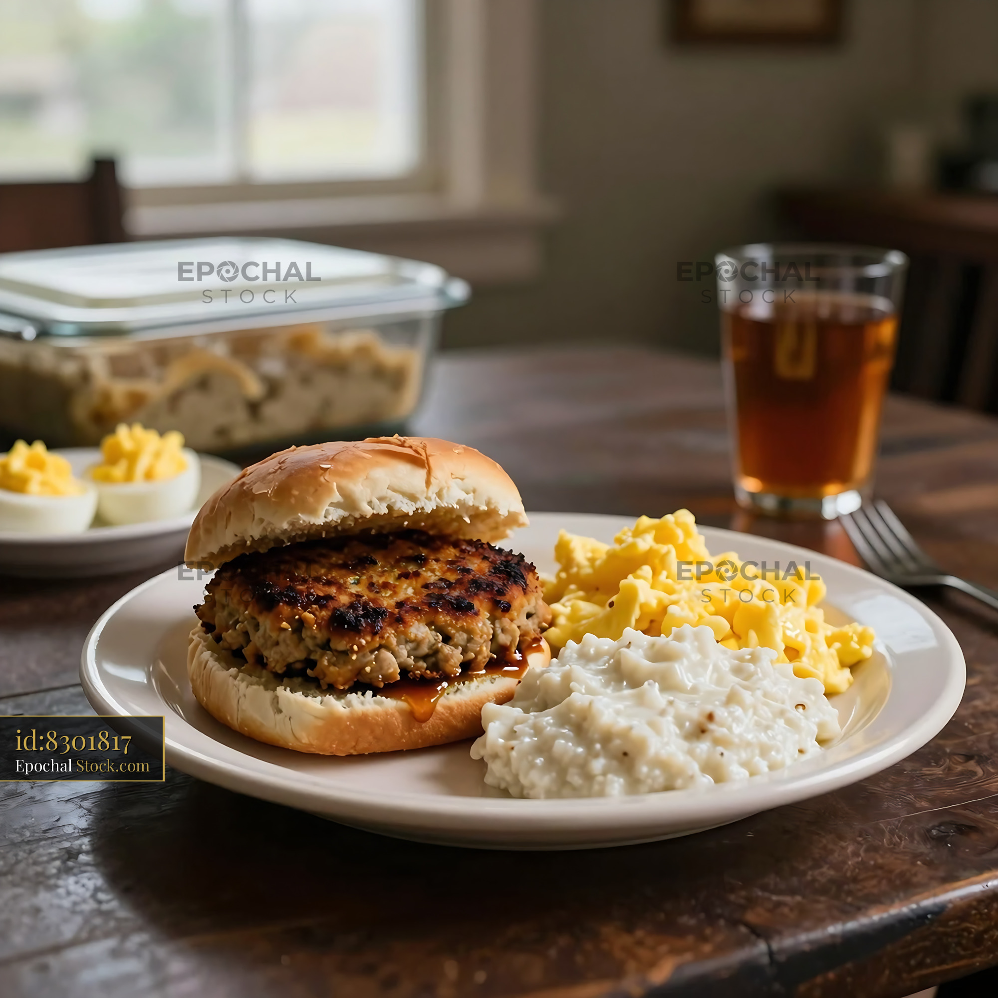 Homemade Burger with Waffle Fries and Potatoes - stock photo