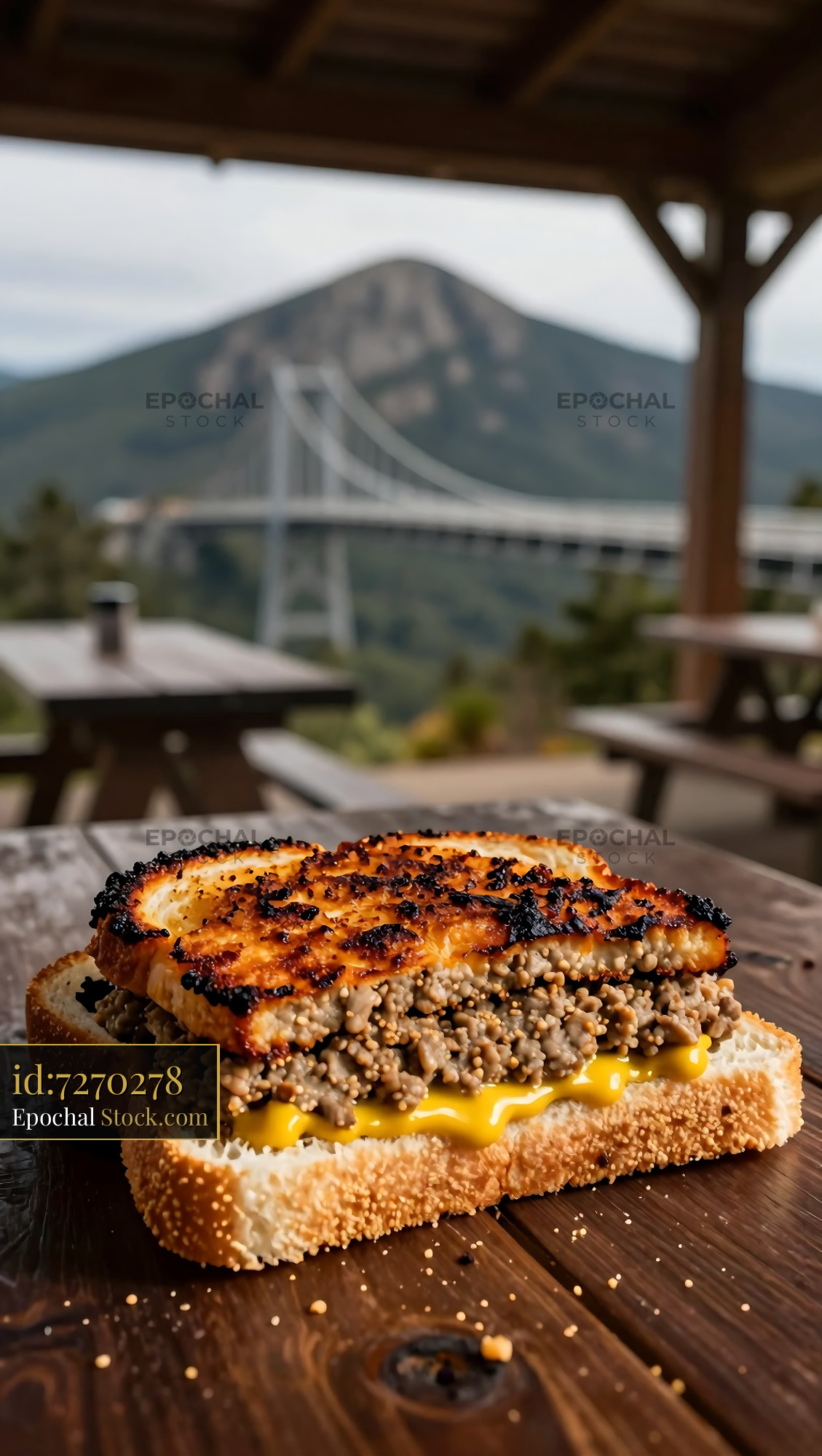 Livermush Sandwich with Mountain Bridge View - stock photo