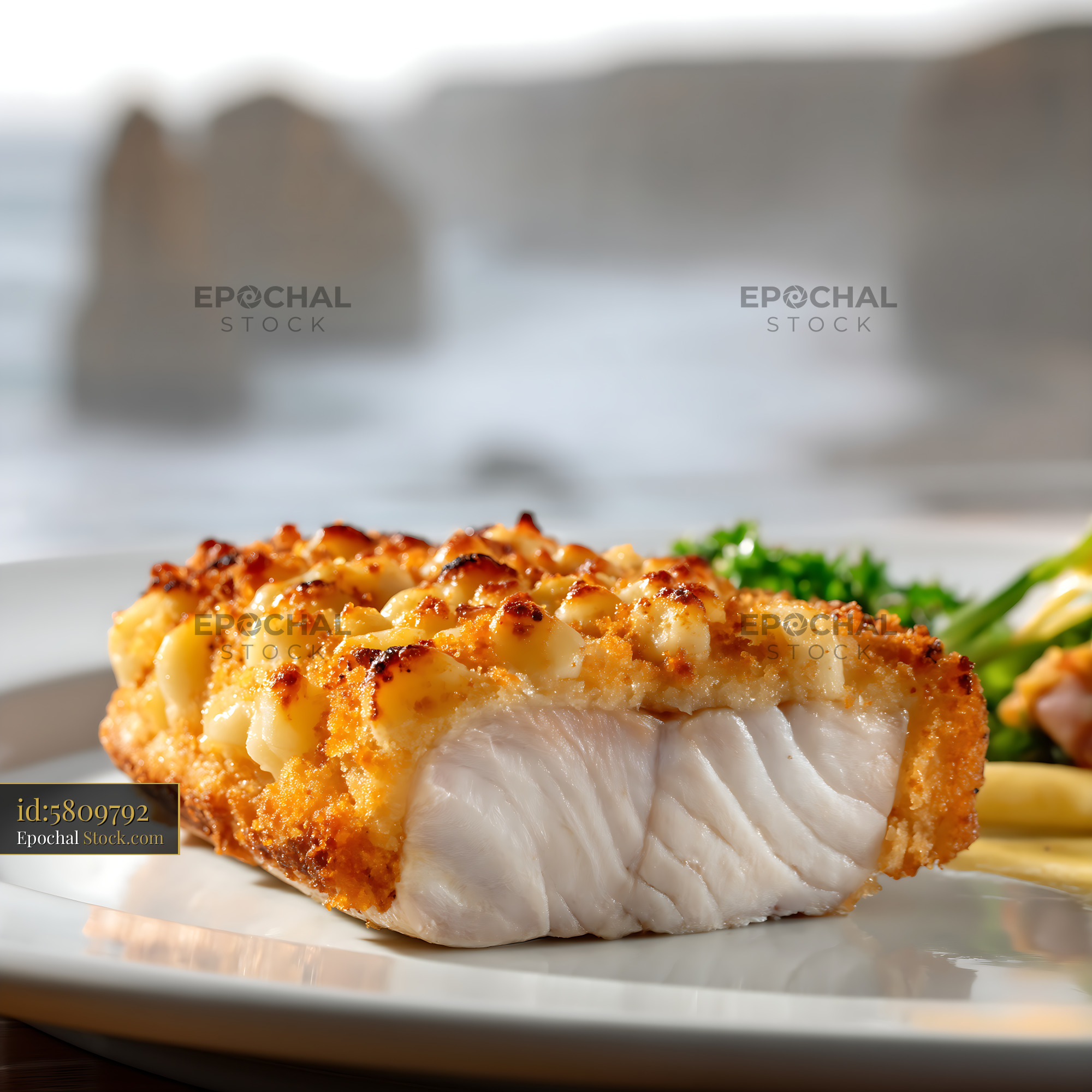 Golden Macadamia Crusted Fish Plated Elegantly - stock photo