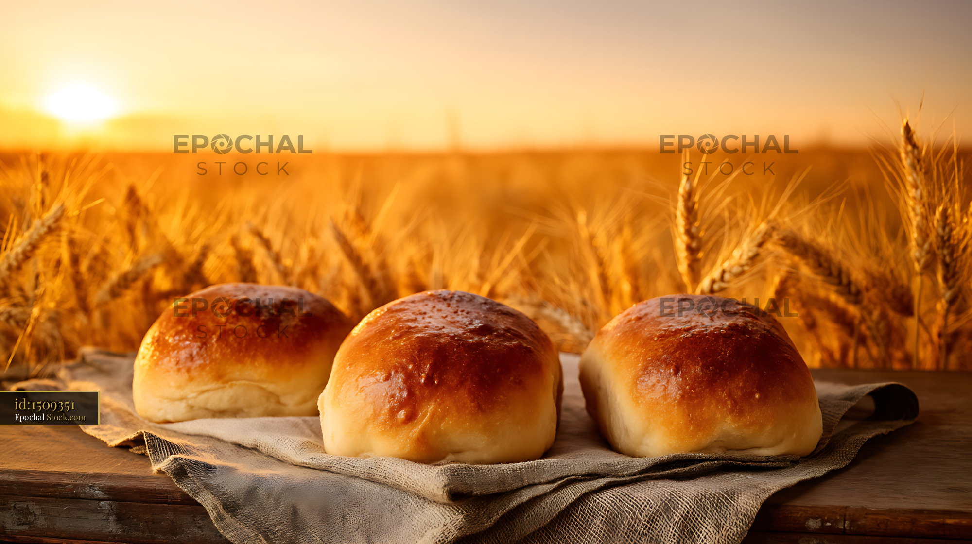 Bierocks Fresh-Baked Rolls Cooling in Golden Wheat Field at Sunset - stock photo