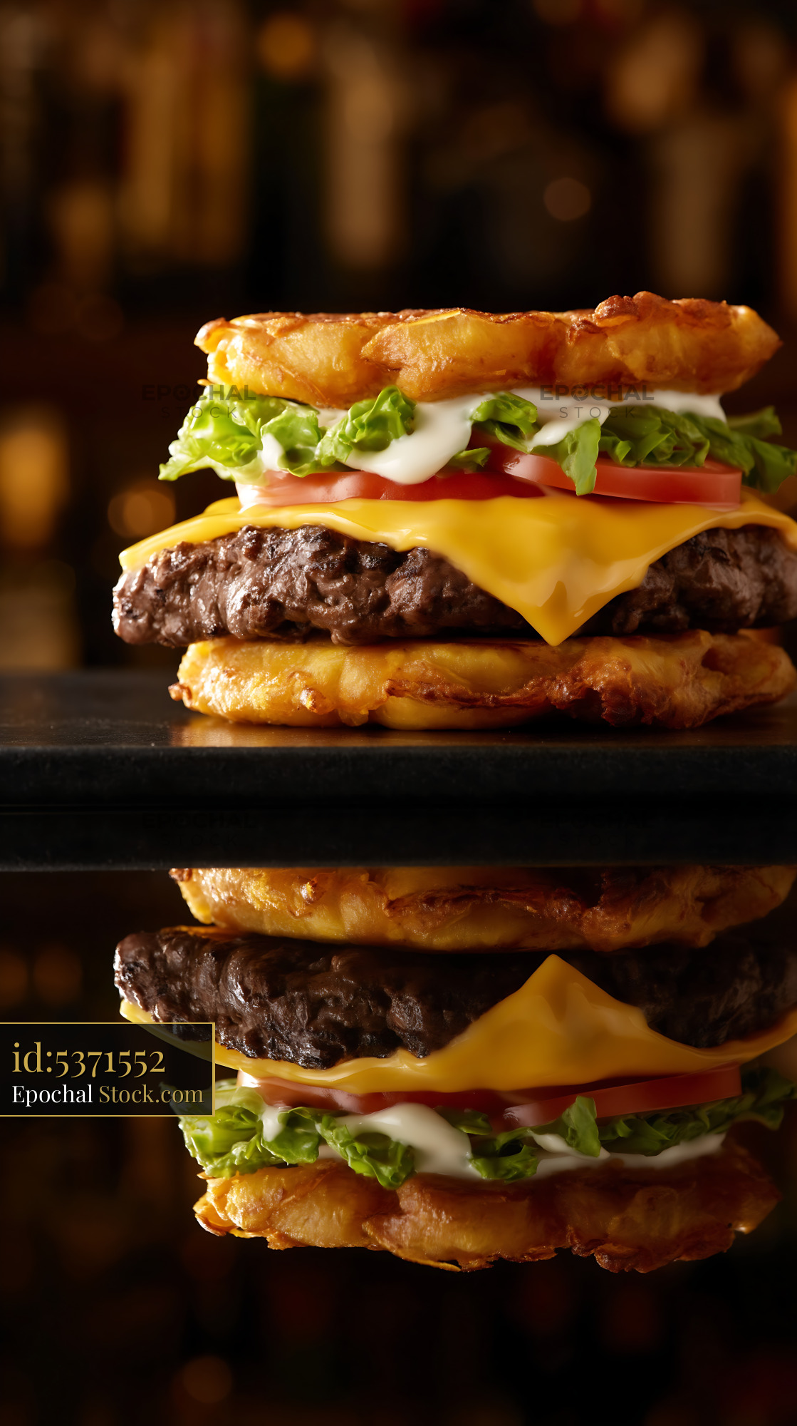 Jibarito Burger Stacked High with Fried Plantain Buns and Melted Cheese - stock photo