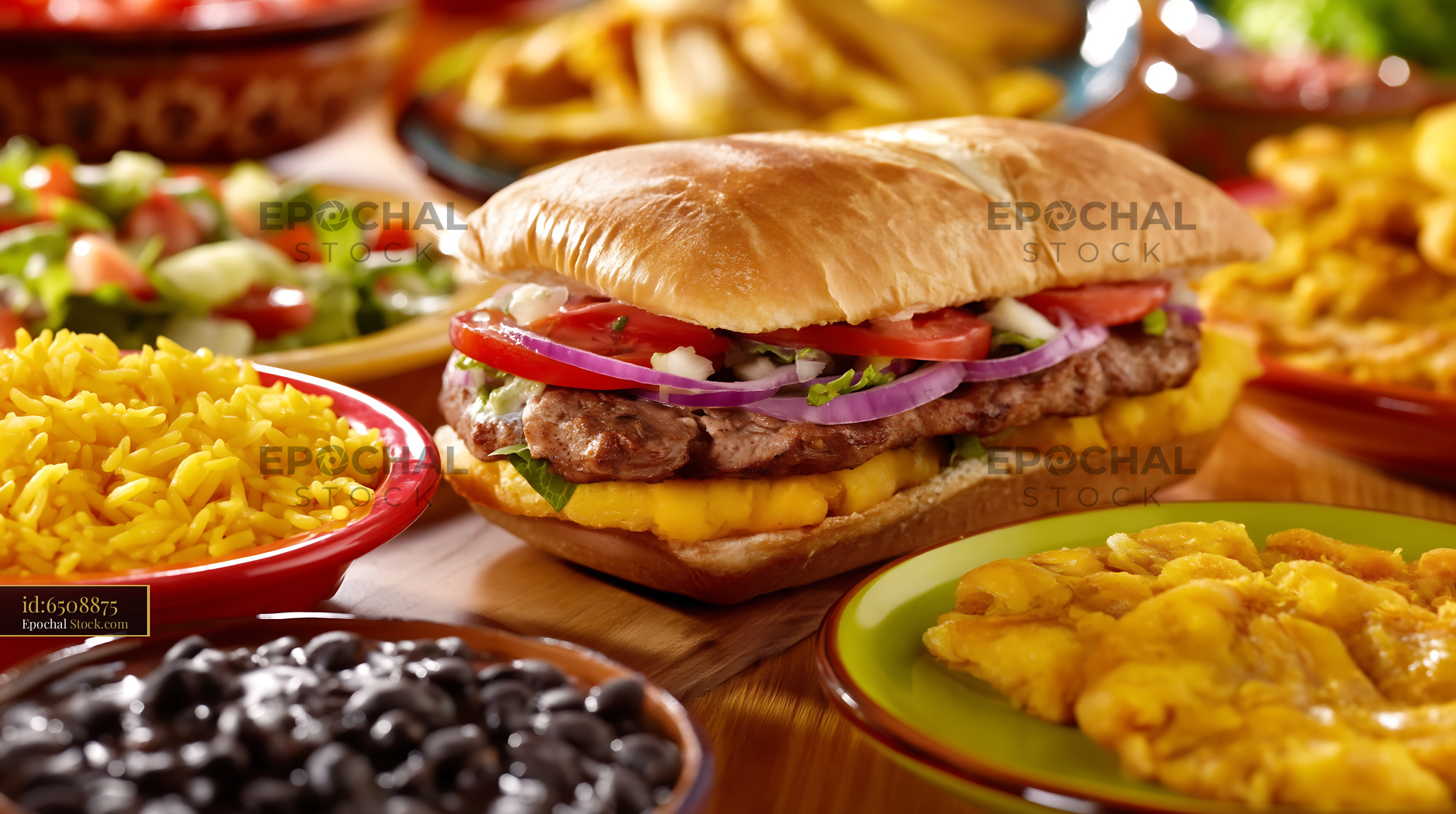 Jibarito Burger with Plantain Patty, Yellow Rice, and Black Beans - stock photo