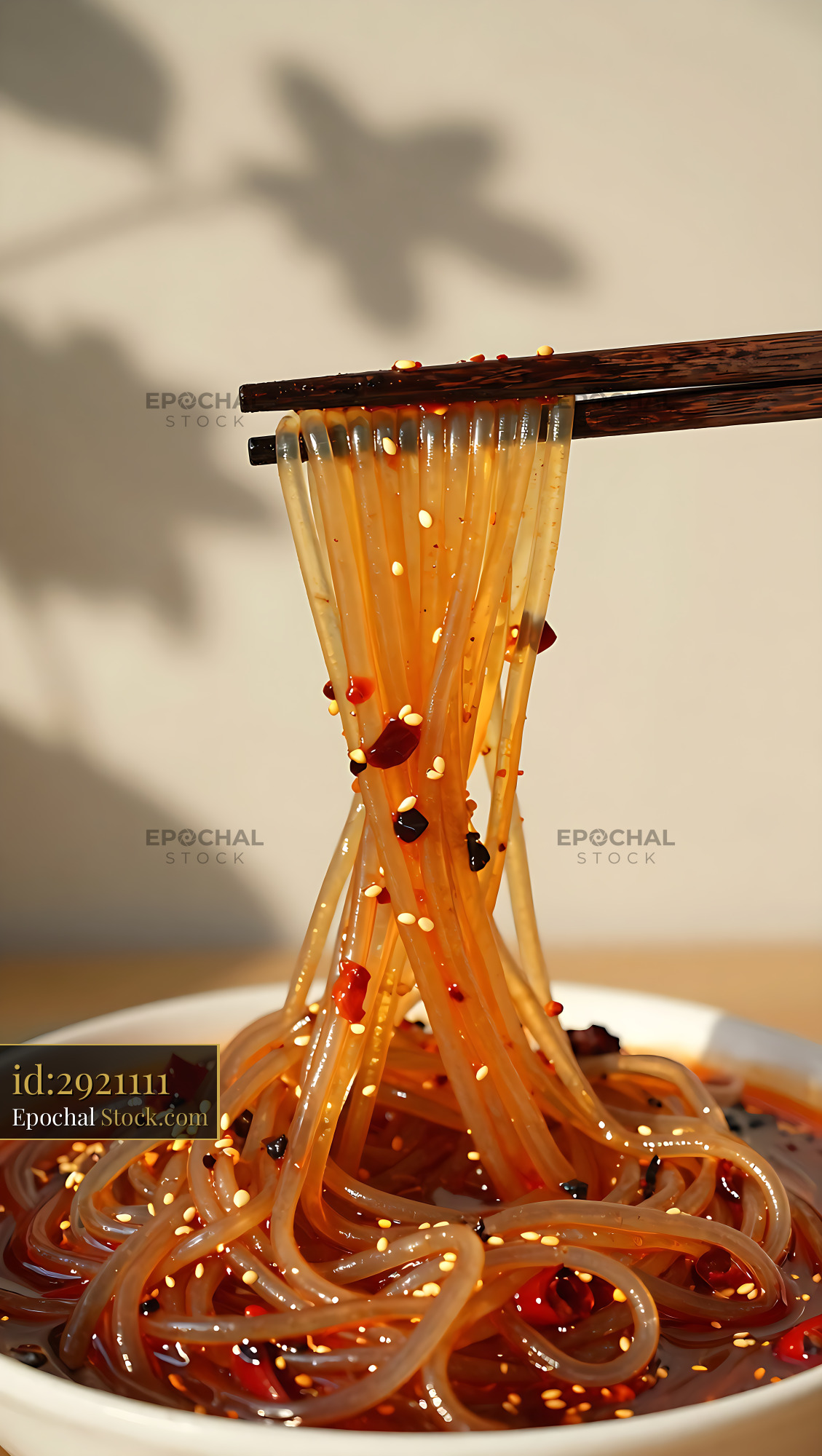 Sichuan Glass Noodle Salad Lifted by Chopsticks - stock photo