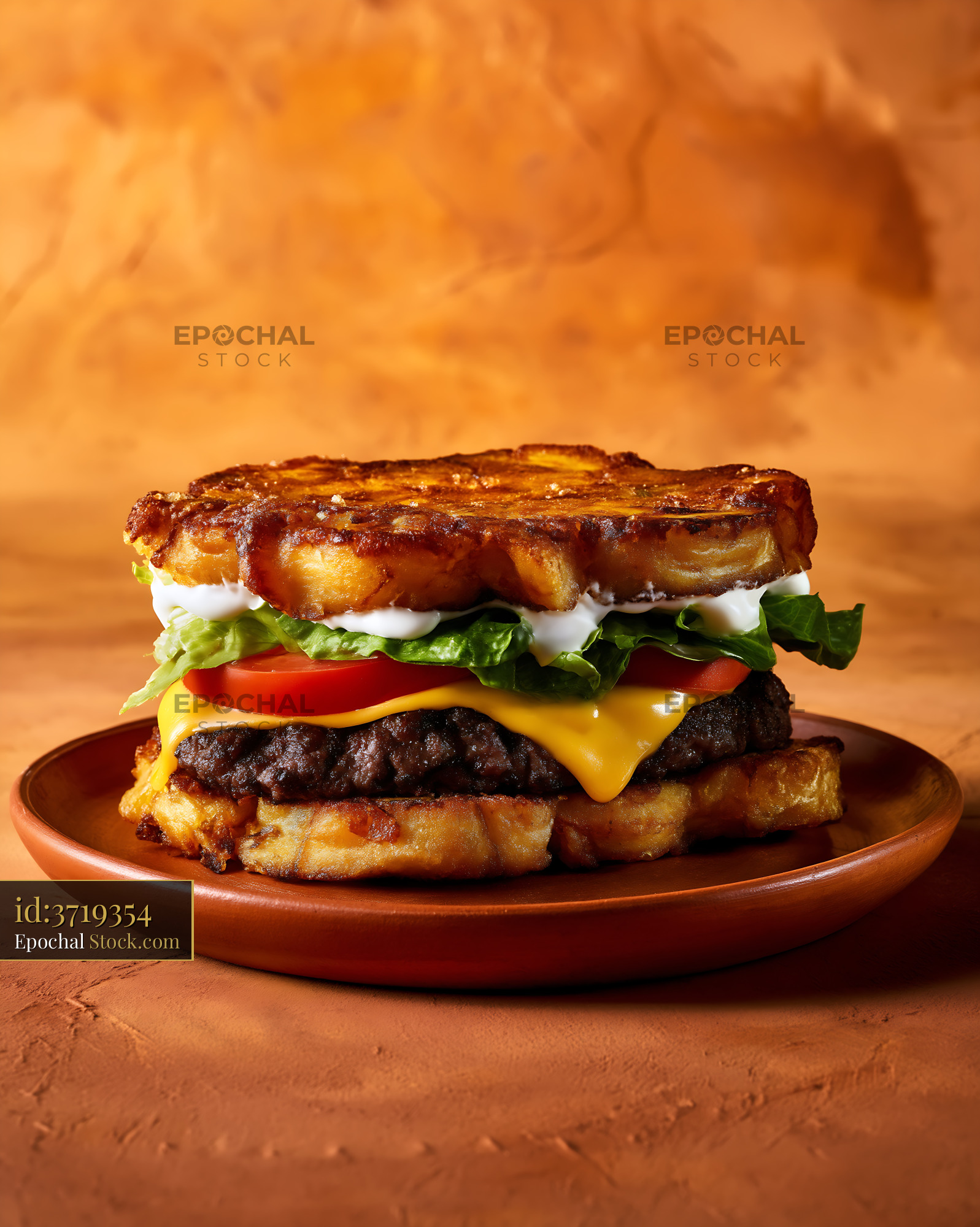 Jibarito Burger with Crispy Fried Plantain Buns and Melted Cheese - stock photo