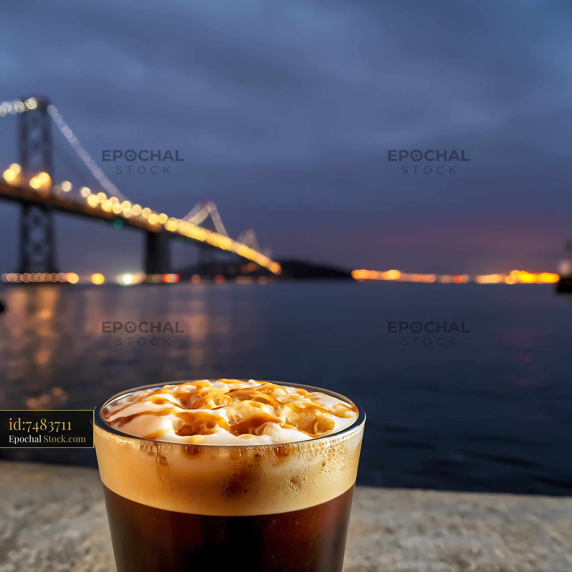 Nitro Caramel Coffee with Waterfront Bridge View - stock photo