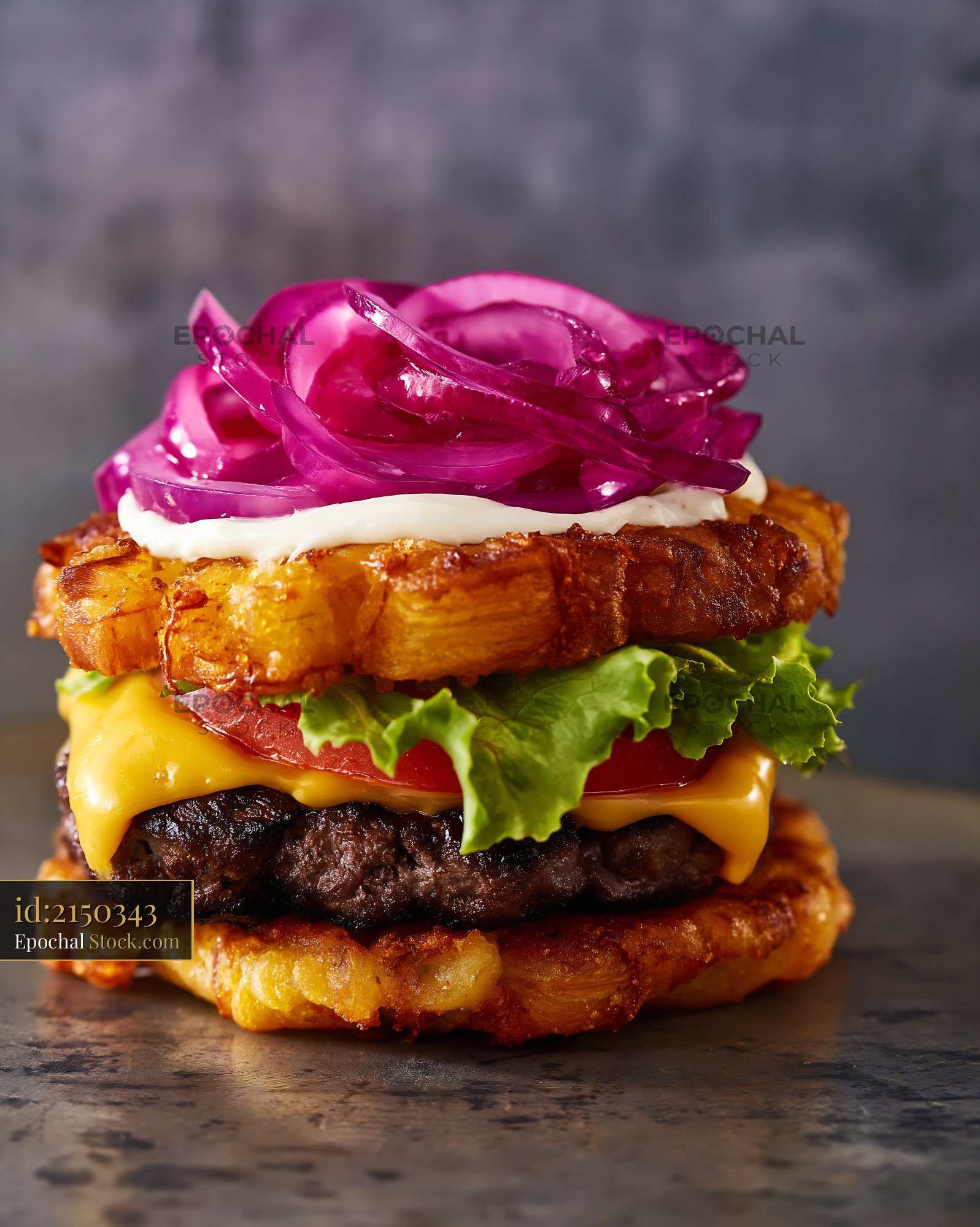 Jibarito Burger with Crispy Plantain Bun and Pickled Red Onions - stock photo