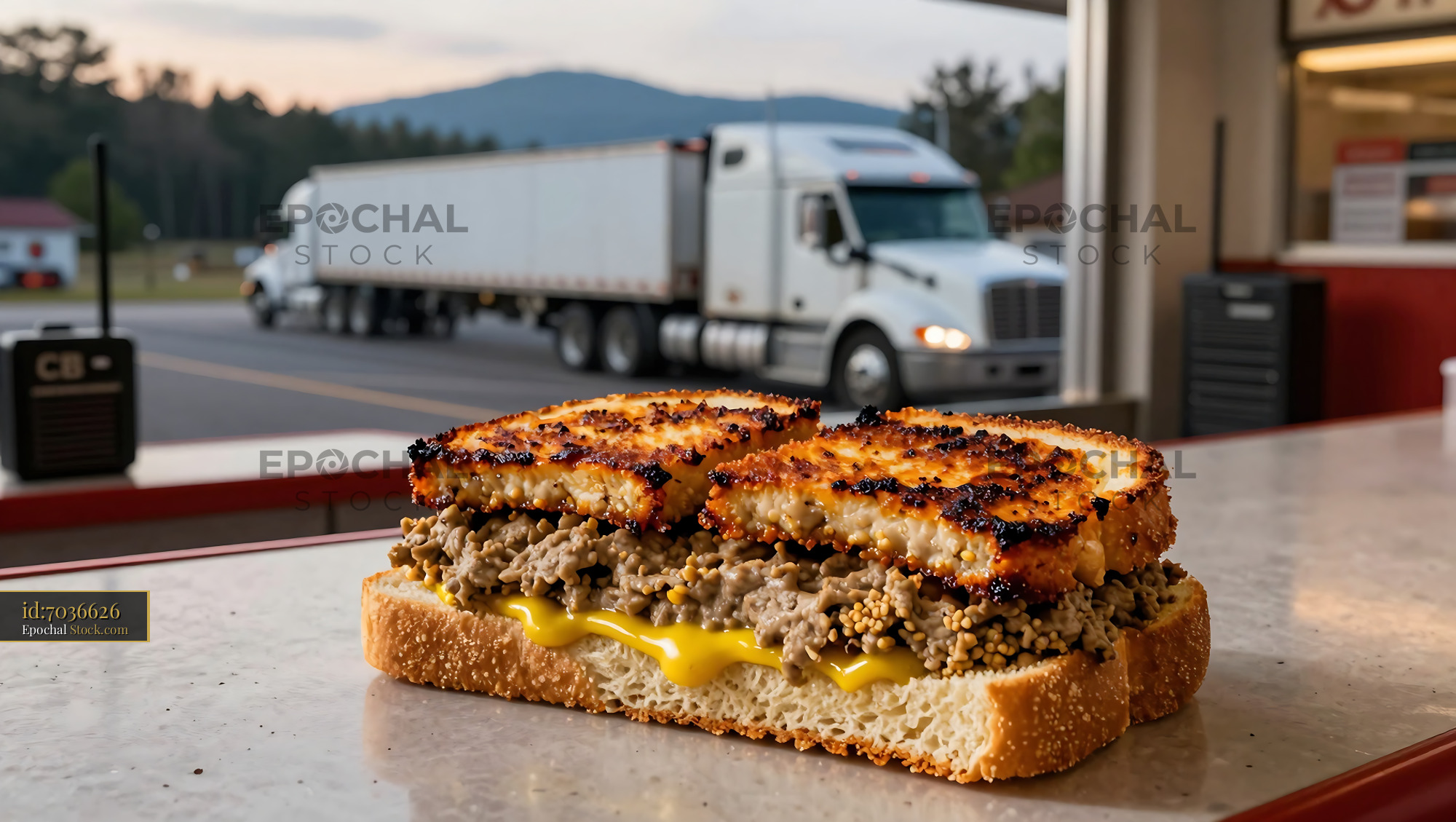 Crispy Livermush Sandwich with Cheese at Truck Stop - stock photo