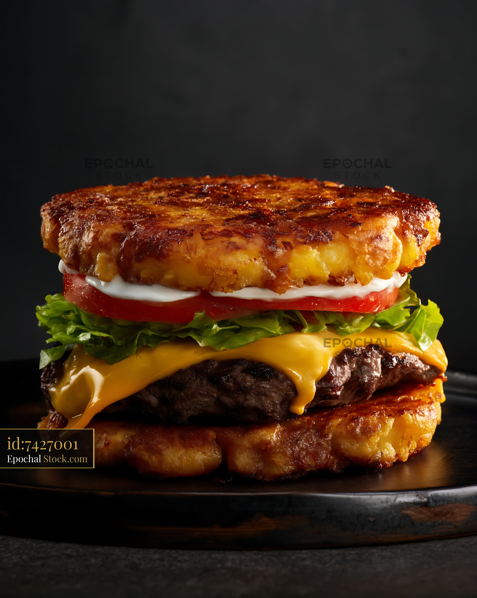 Jibarito Burger with Golden Plantain Buns, Melted Cheese, and Fresh Toppings - stock photo