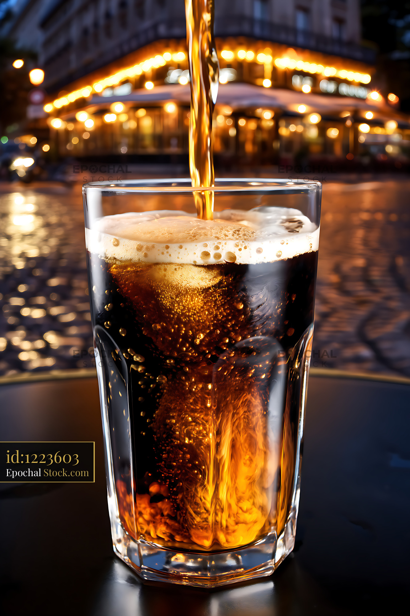 Cola Poured Into Glass, Glowing Theater Background - stock photo