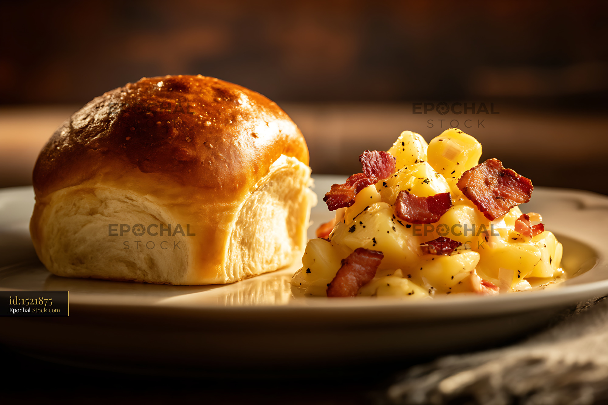 Golden Brioche Roll with Bacon Potato Hash - stock photo