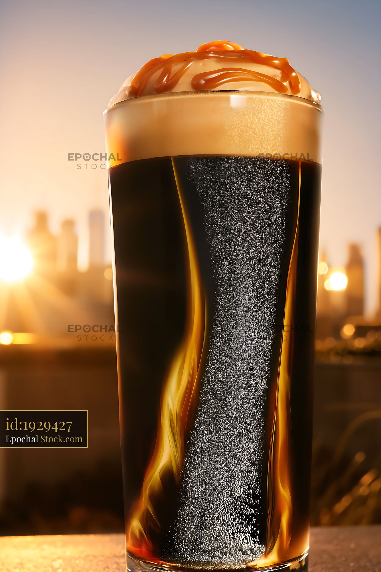 Nitro Caramel Coffee with Foam Head Sunset - stock photo