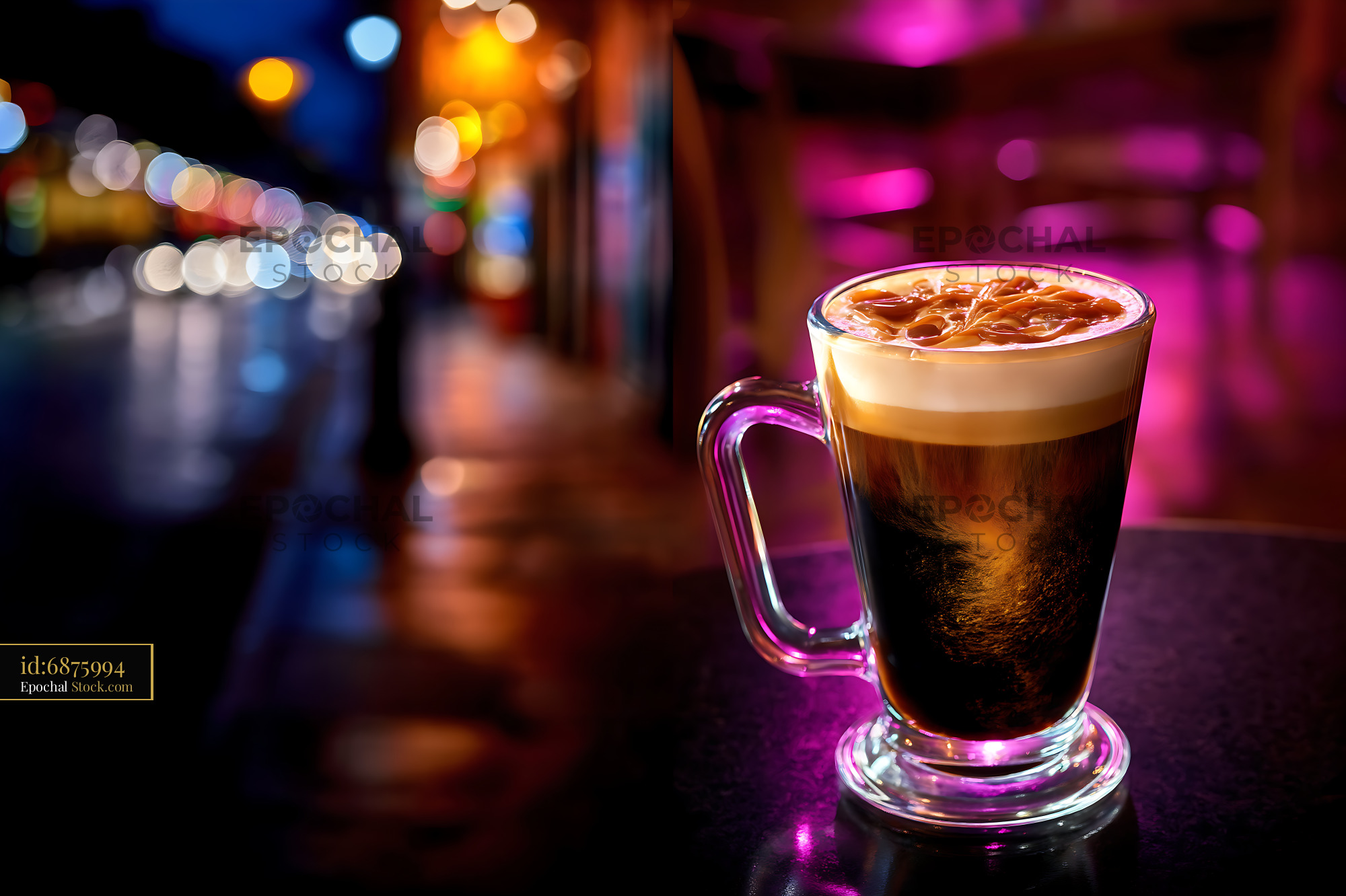 Nitro Caramel Coffee with Creamy Foam at Night - stock photo
