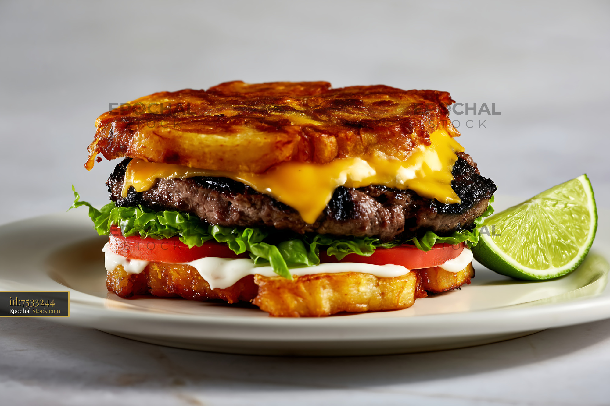 Jibarito Burger with Plantain Bun, Melted Cheese, and Lime Garnish - stock photo