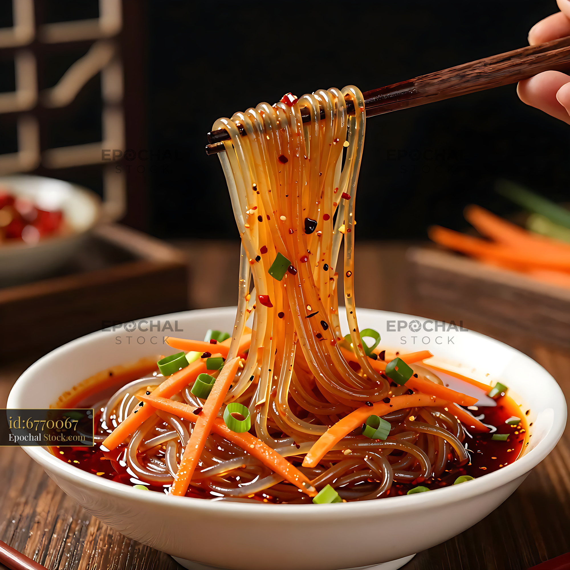 Sichuan Glass Noodle Salad Lifted on Chopsticks - stock photo