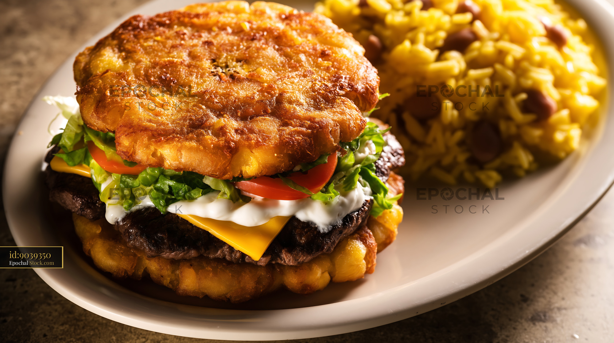 Jibarito Burger with Crispy Fried Plantain Buns and Yellow Rice - stock photo