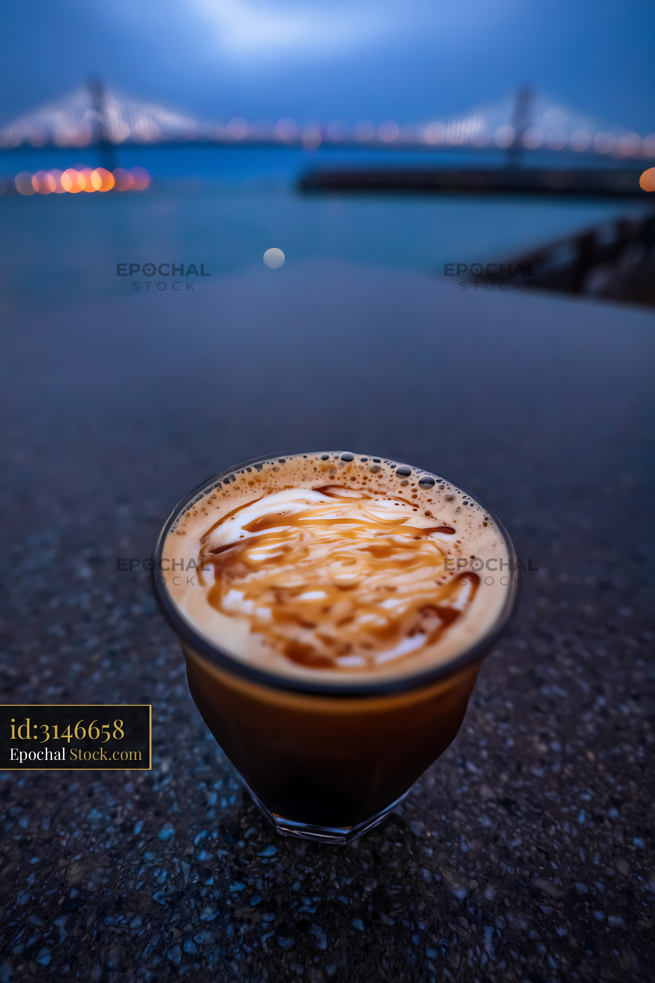 Nitro Caramel Coffee with Twilight Bridge View - stock photo