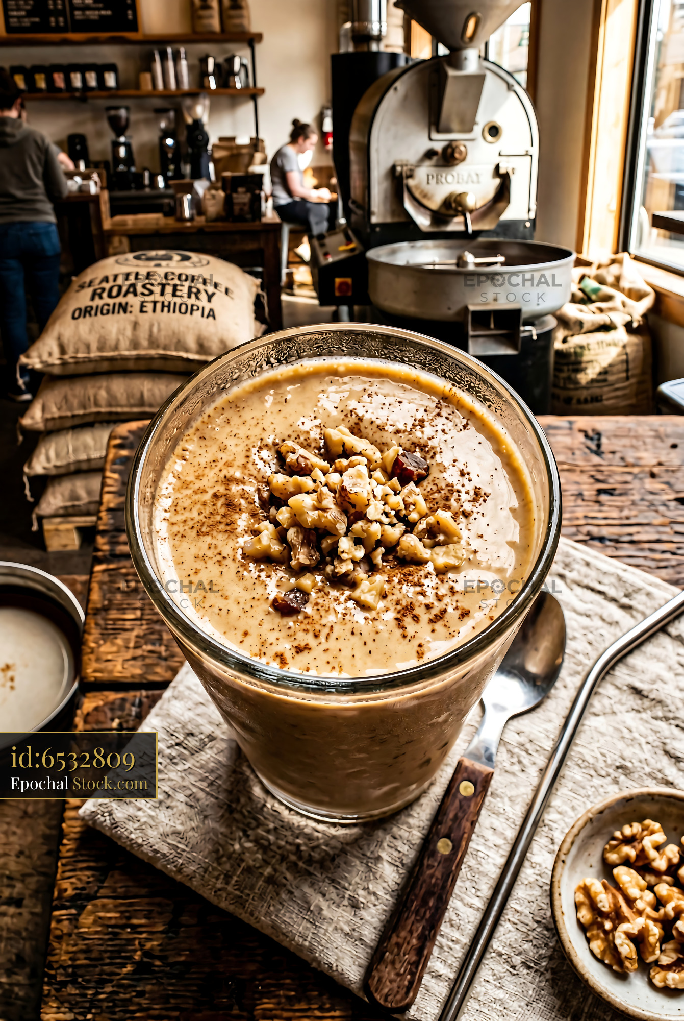 Creamy Tahini Date Shake with Walnuts & Cinnamon - stock photo