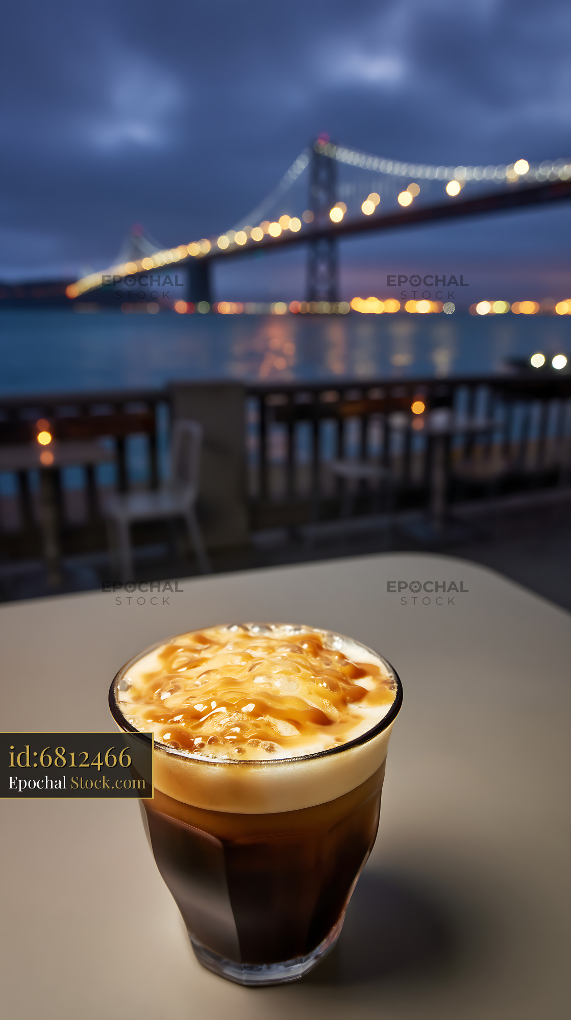 Nitro Caramel Coffee with City Bridge View - stock photo