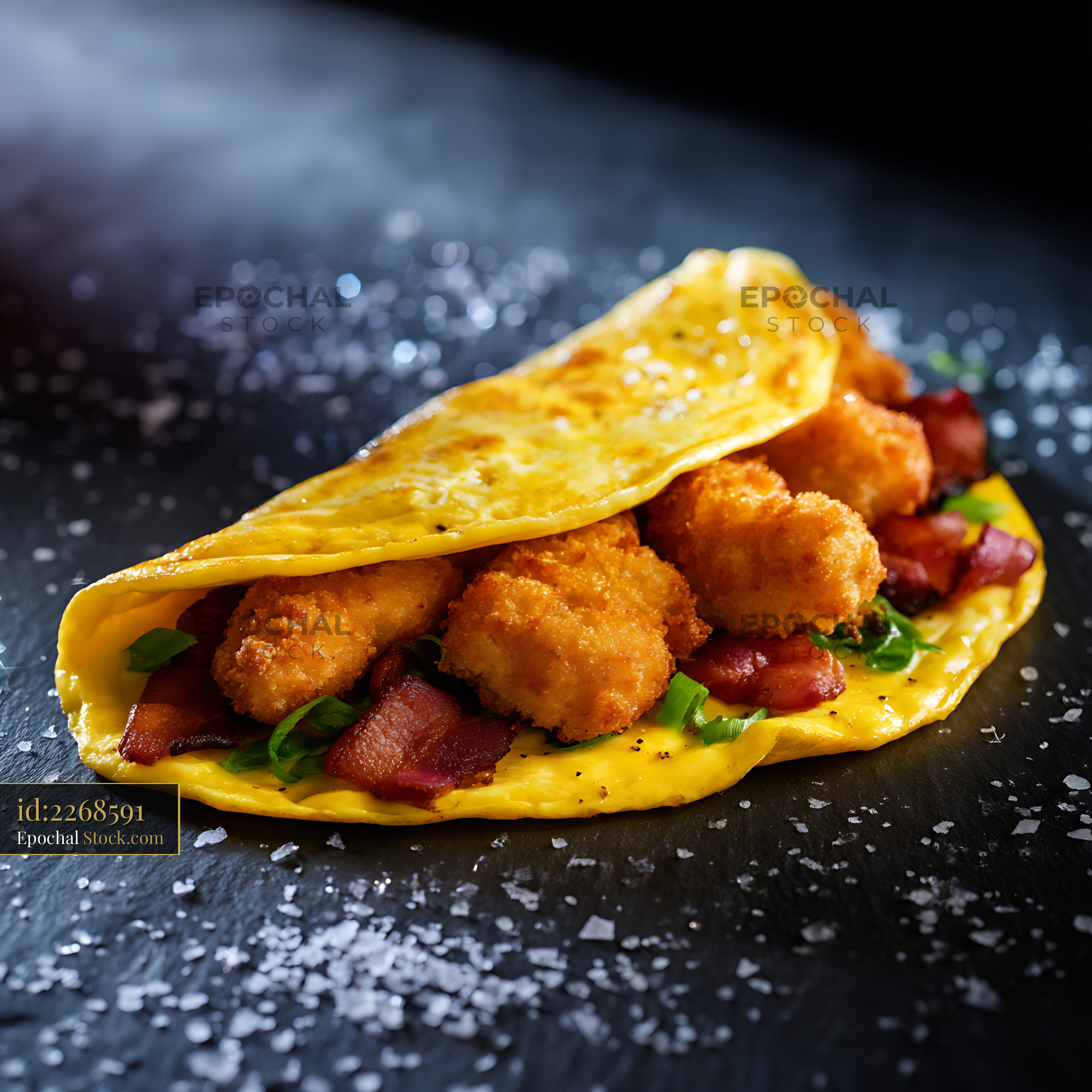 Crispy Shrimp and Bacon Omelette on Slate - stock photo