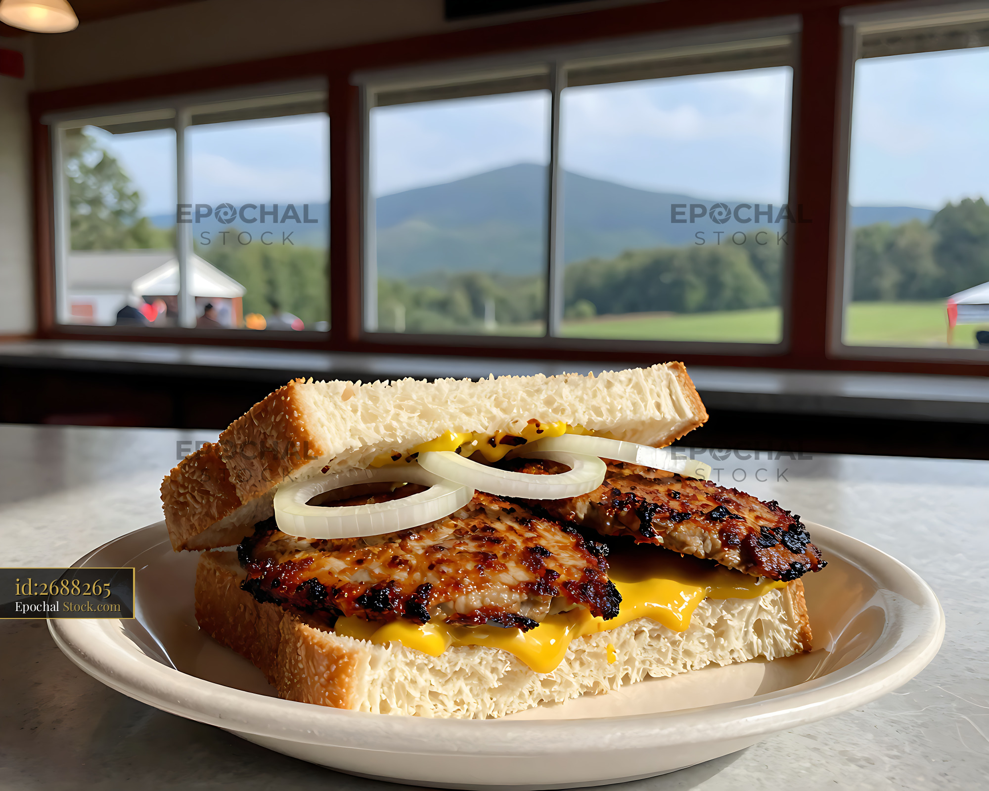 Livermush Sandwich with Melted Cheese, Onions - stock photo