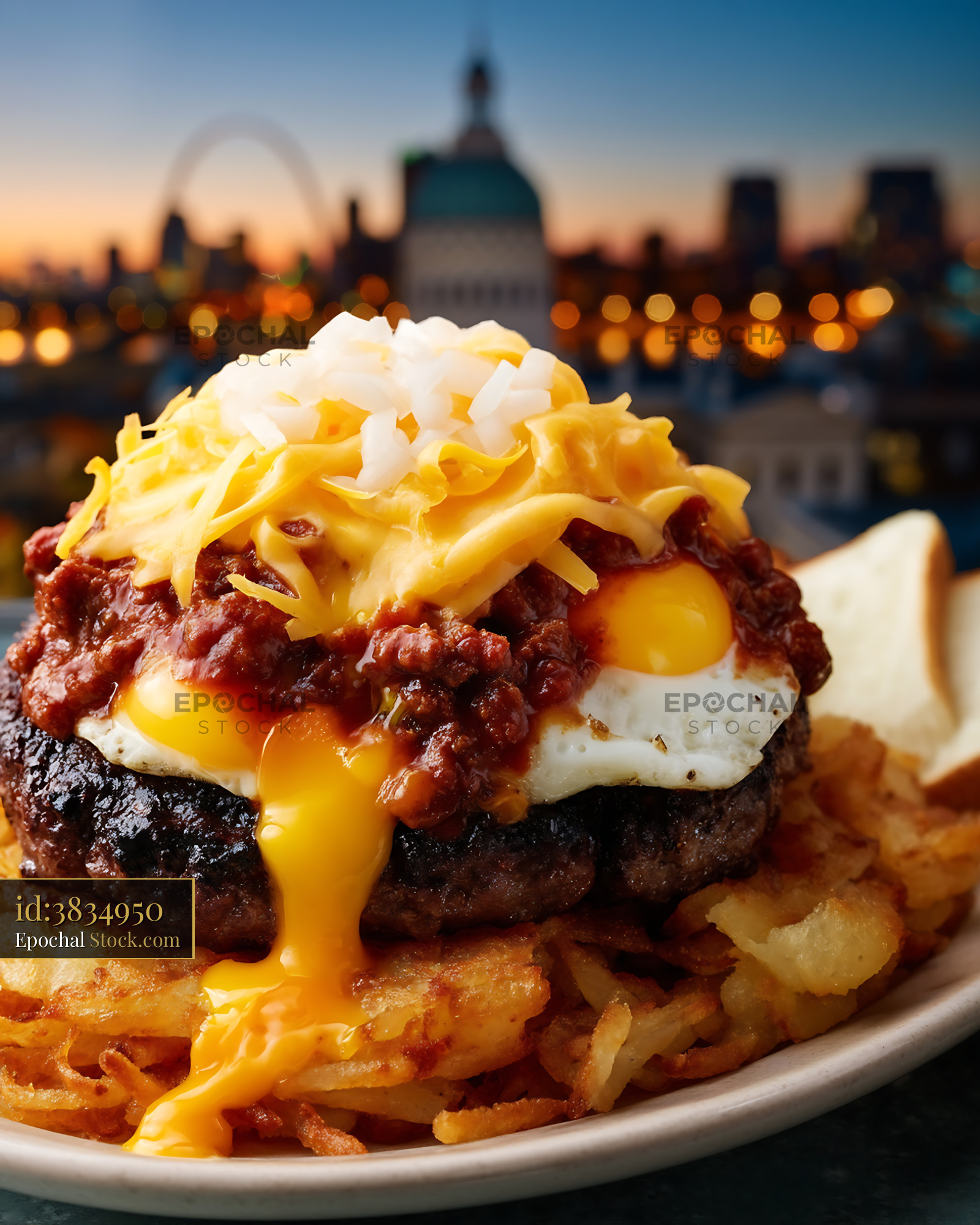 St. Louis Slinger with Egg and Crispy Fries - stock photo