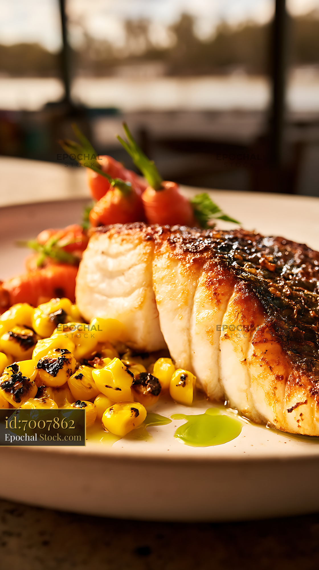 Pan-Seared Murray Cod Fillet with Charred Corn - stock photo