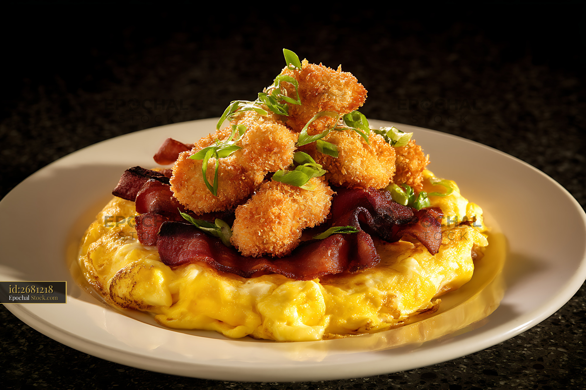 Crispy Shrimp Croquettes Over Scrambled Eggs - stock photo