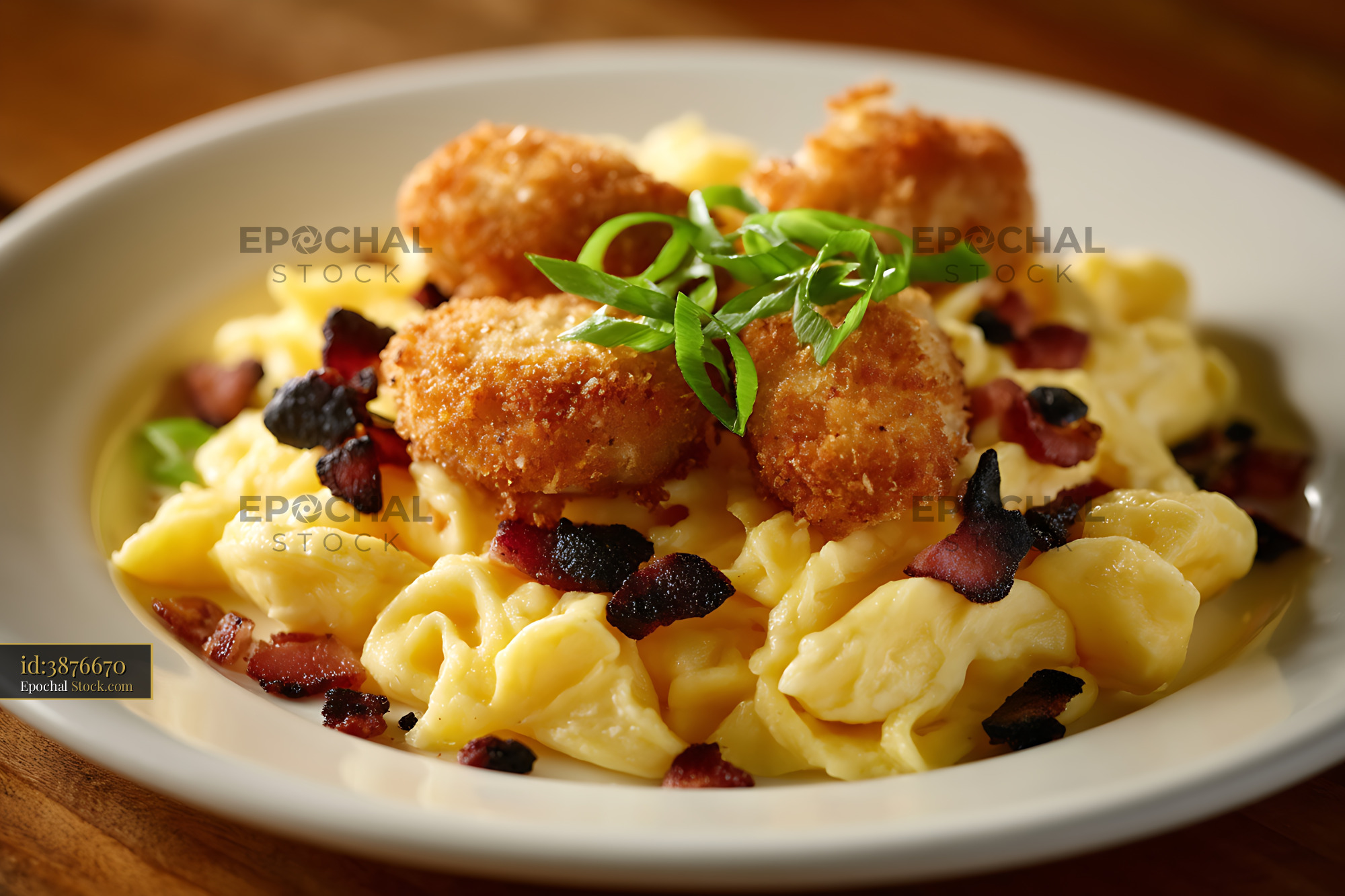 Crispy Shrimp Mac and Cheese with Bacon - stock photo