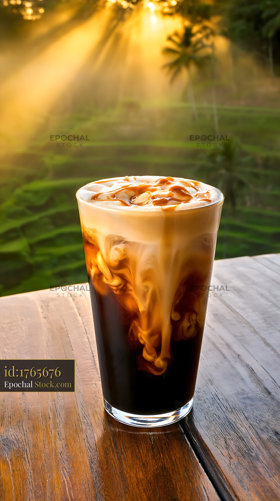 Nitro Caramel Coffee Iced Glass Summer Table - stock photo