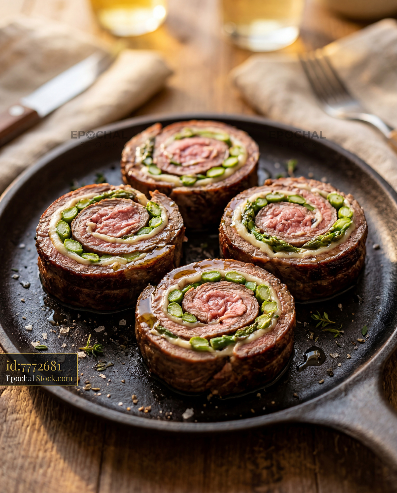 Beef Rouladen with Peas in Cast Iron Pan - stock photo