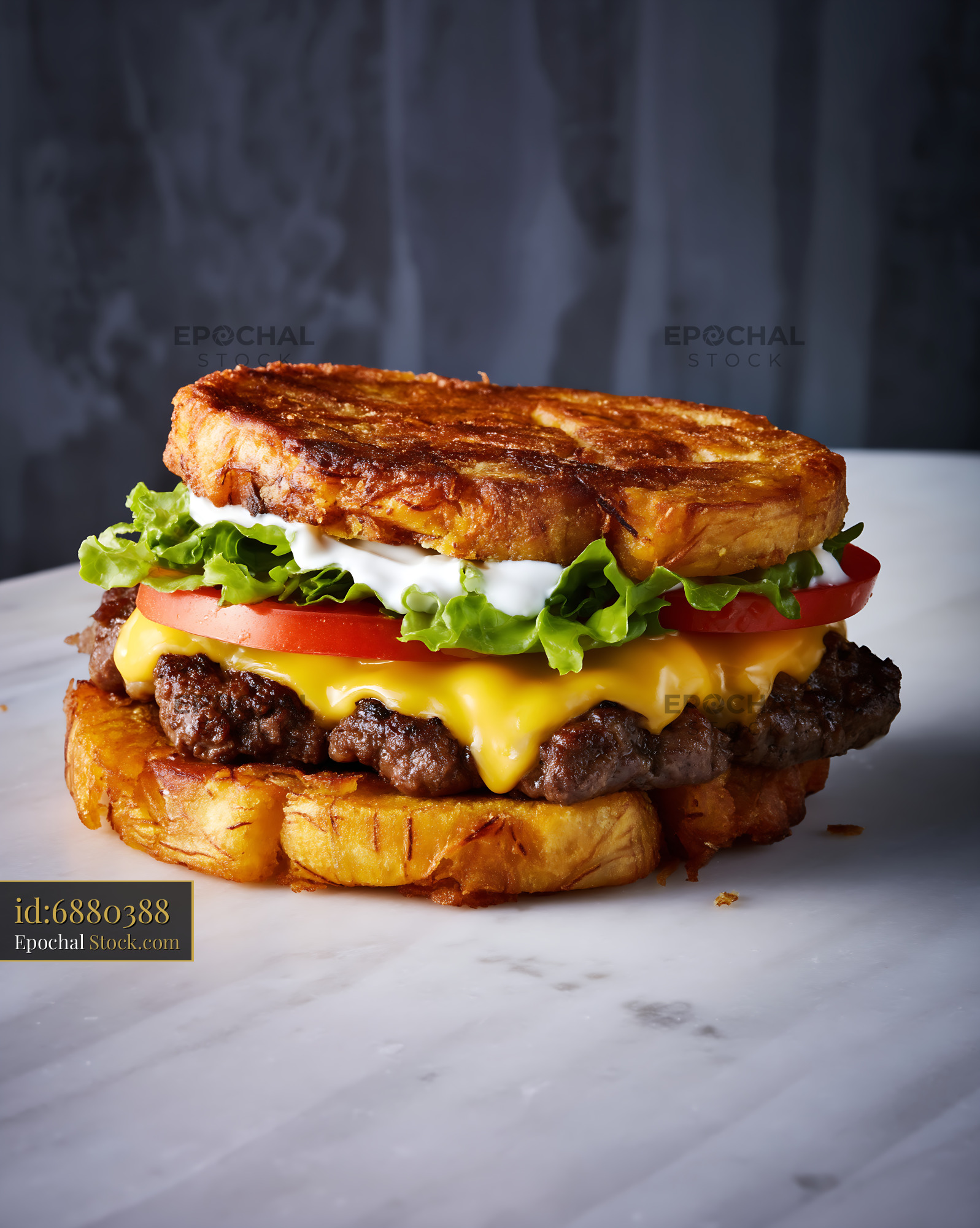 French Toast Gourmet Burger on Marble Surface - stock photo