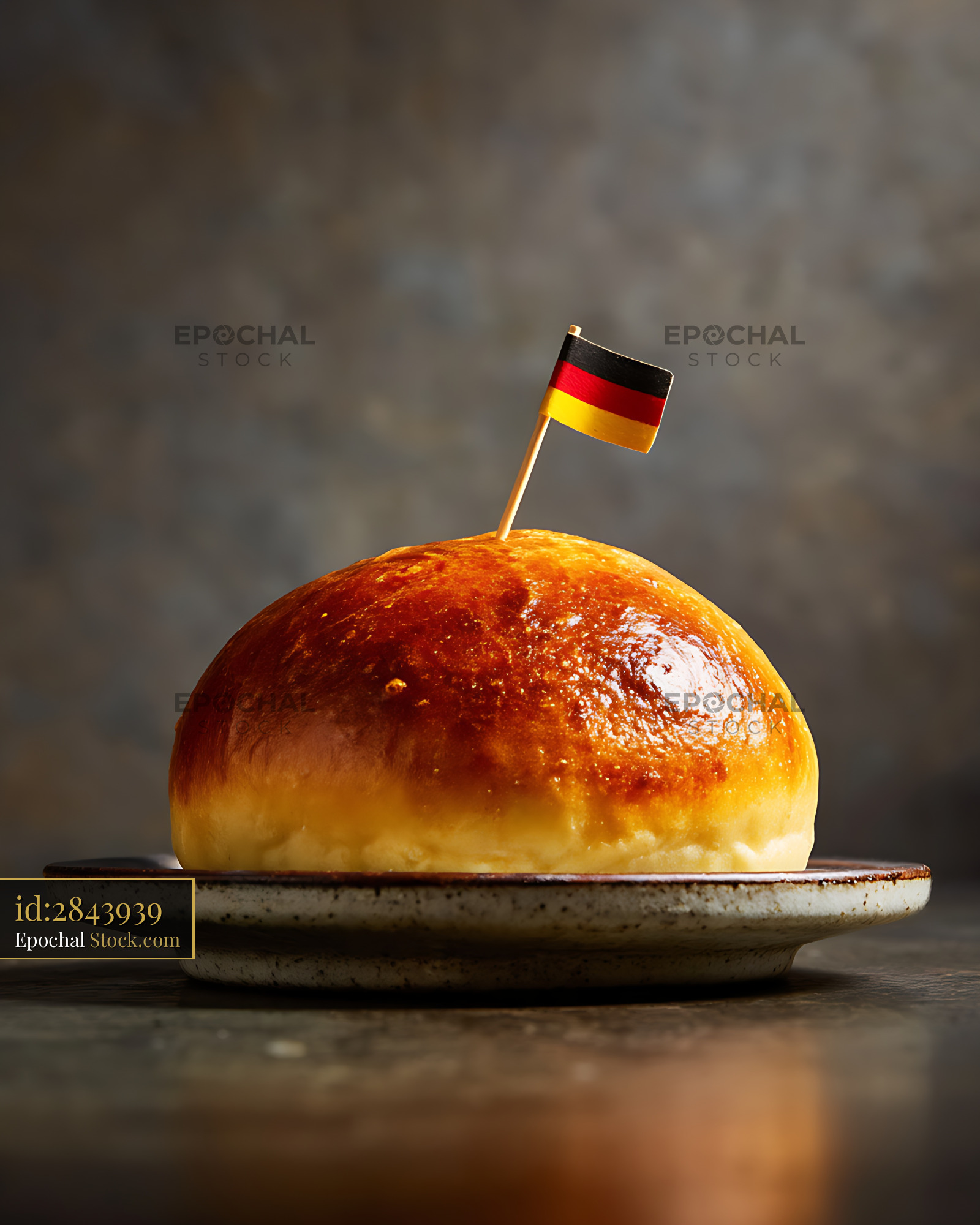German Bread Roll with Flag on Plate - stock photo