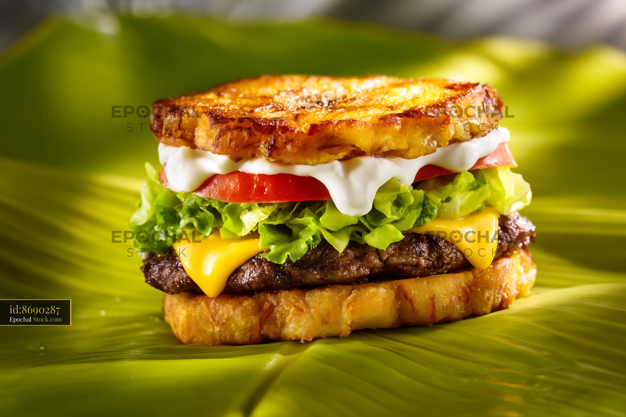 Gourmet Burger with Melted Cheese on Toasted Bread - stock photo