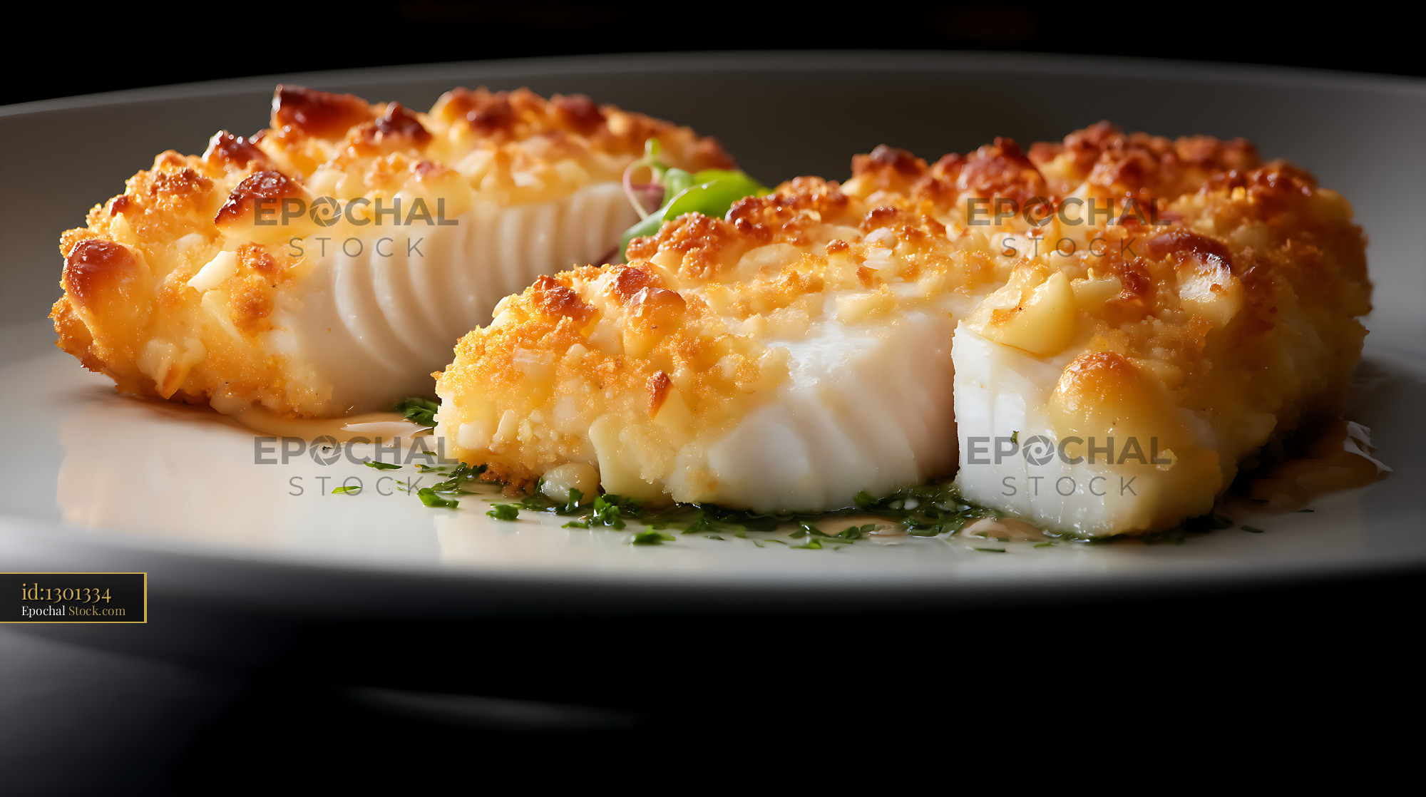 Herb-Crusted White Fish Fillet on Dark Plate - stock photo