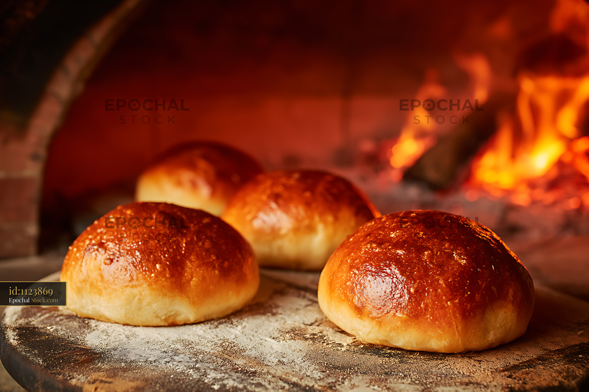 Artisan Bread Rolls Baking in Wood-Fired Oven - stock photo