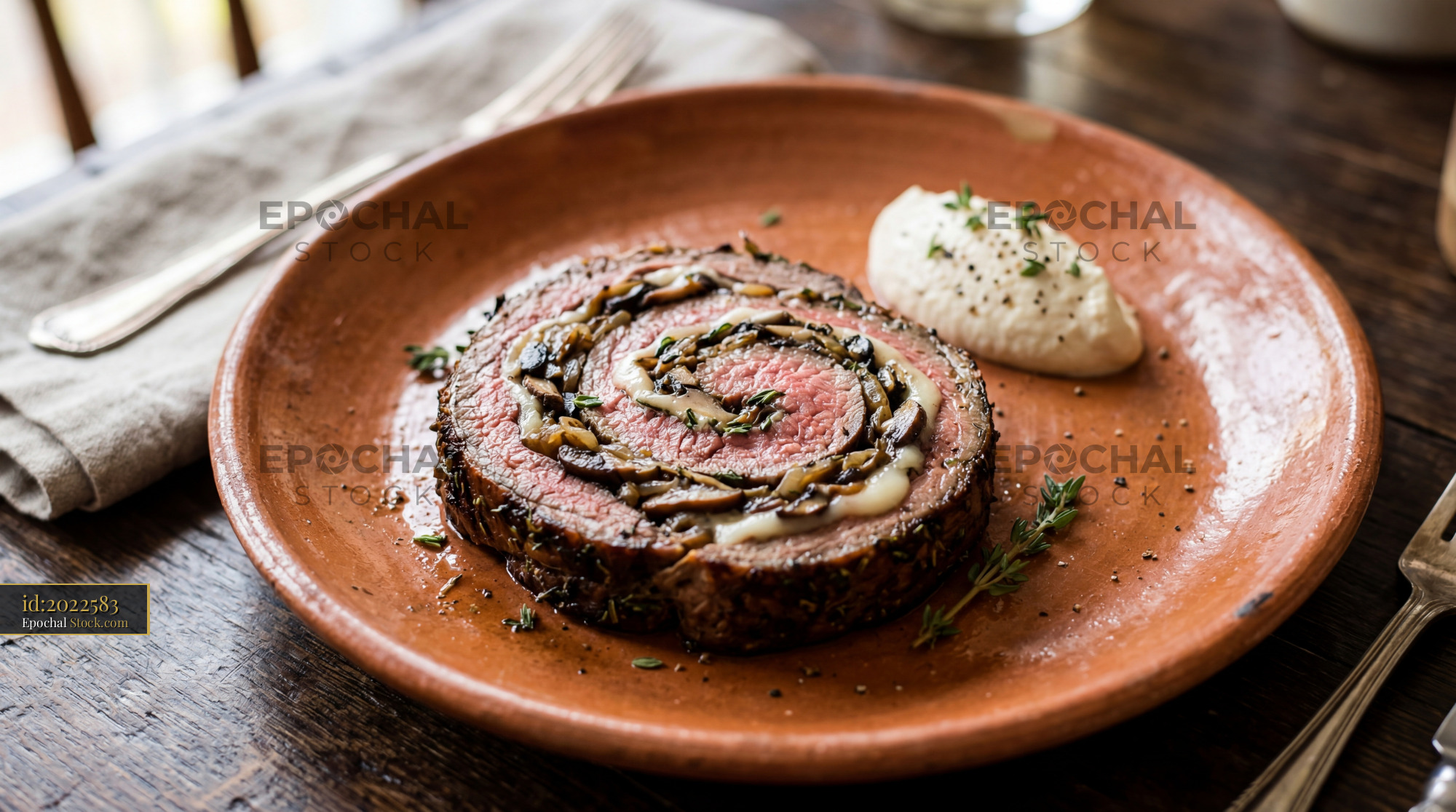Rare Beef Roulade with Mushroom Spiral - stock photo